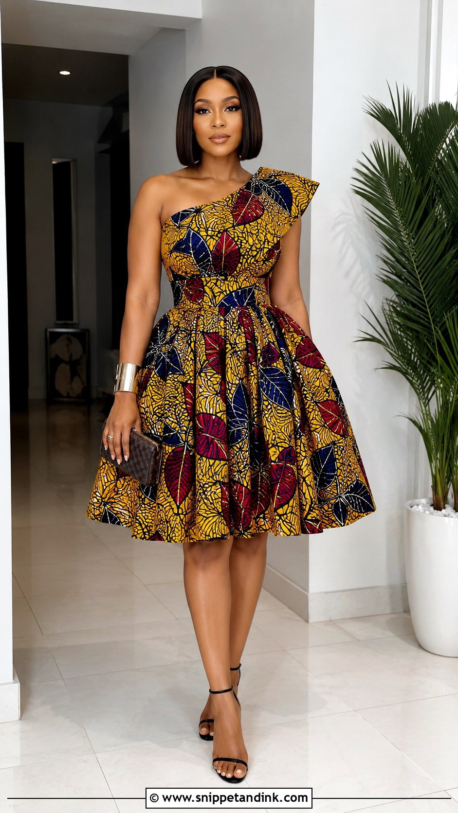 One Shoulder Ankara Flared Knee Length Gown - Snippet and Ink - 20 Ankara Fled Gown Ideas