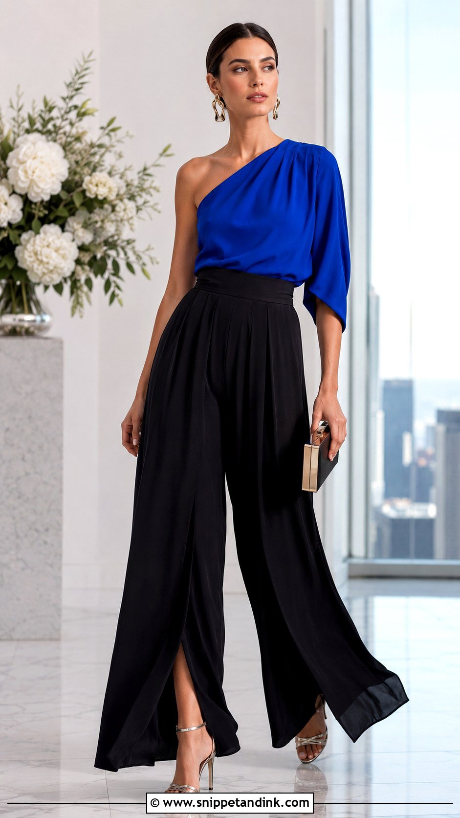 One Shoulder Blouse With Palazzo Pants Wedding Outfit - Snippet and Ink - 20 Blouse and Pants Wedding Outfit Ideas