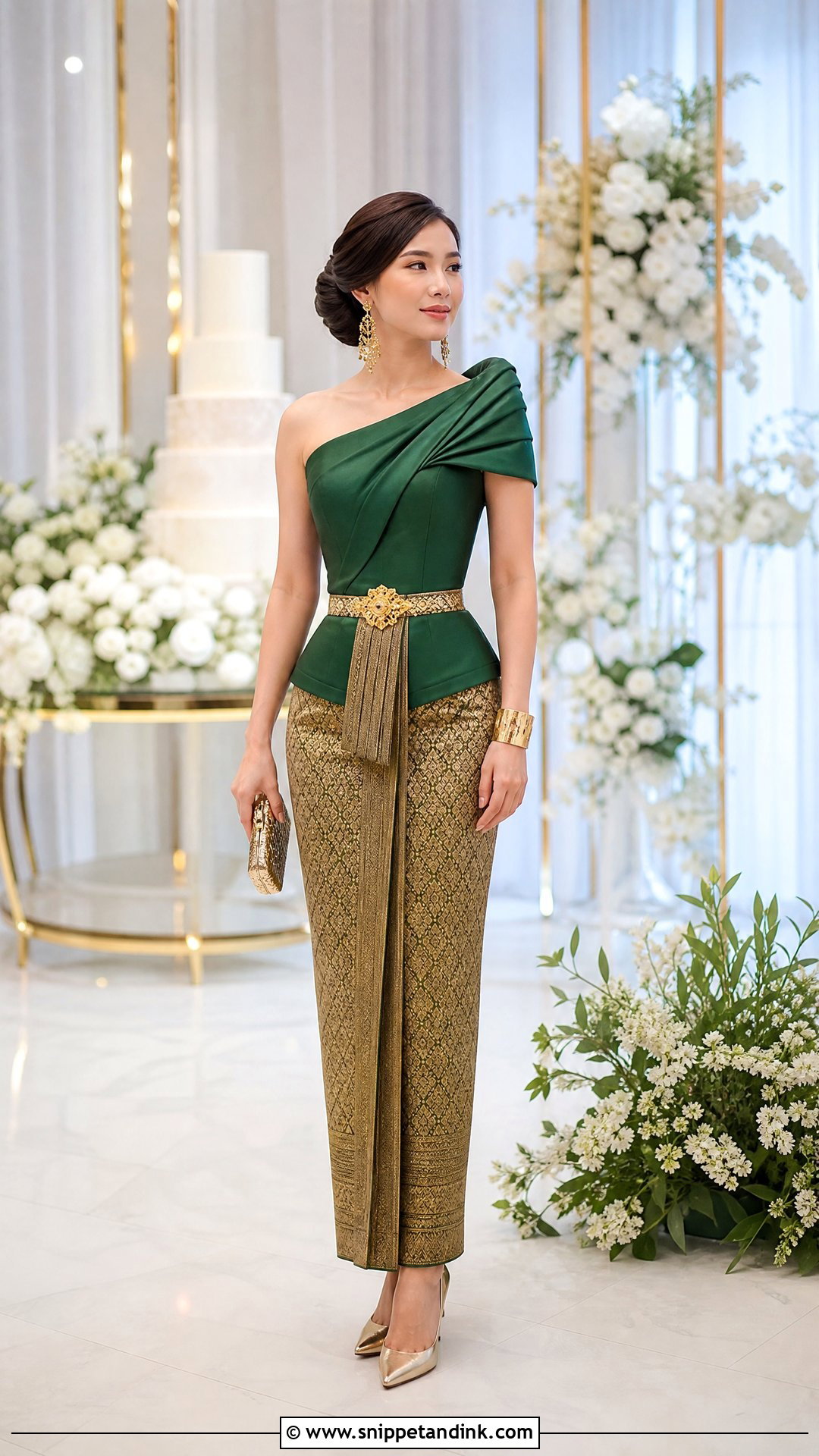 One Shoulder Blouse and Acheik Htamein - Snippet and Ink - 20 Myanmar Wedding Dresses