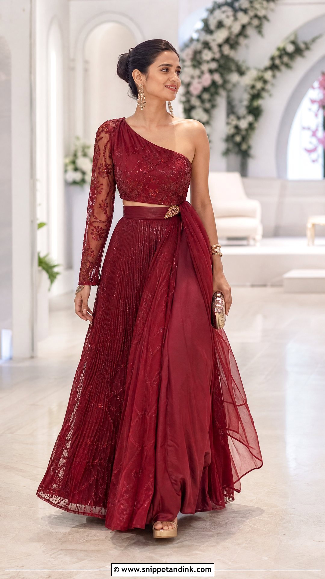 One Shoulder Bridal Blouse With Draped Lehenga - Snippet and Ink - 25 Blouse Design for Bride Ideas