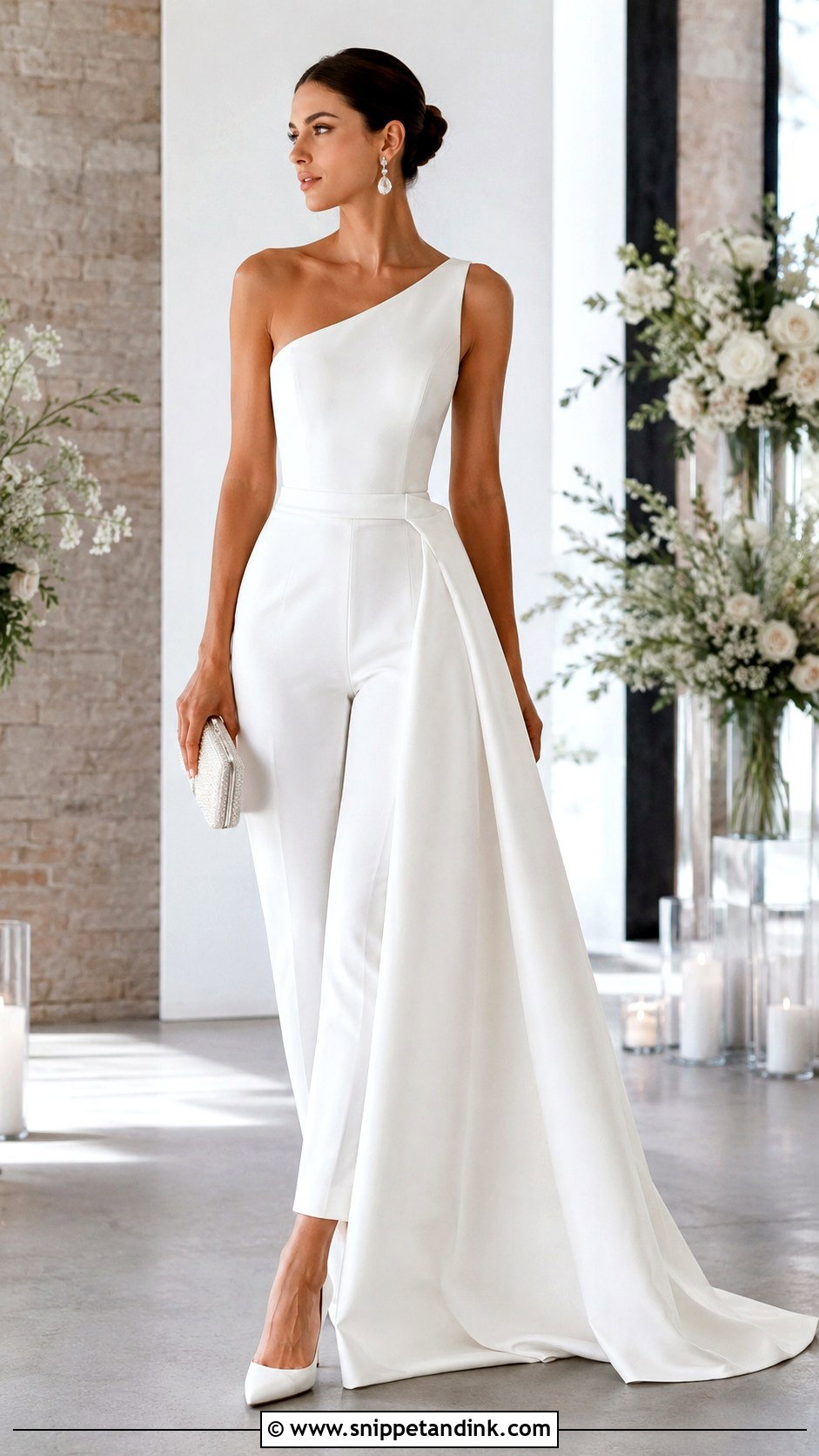 One Shoulder Bridal Bodysuit With Overskirt And Trousers - Snippet and Ink - 20 Bridal Bodysuit Ideas