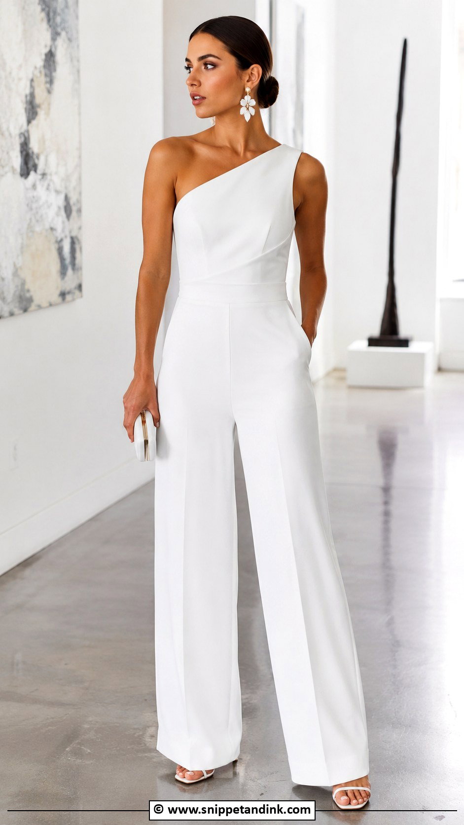 One Shoulder Bridal Jumpsuit With Sculptural Earrings - Snippet and Ink - 30 Bridal Jumpsuit Ideas