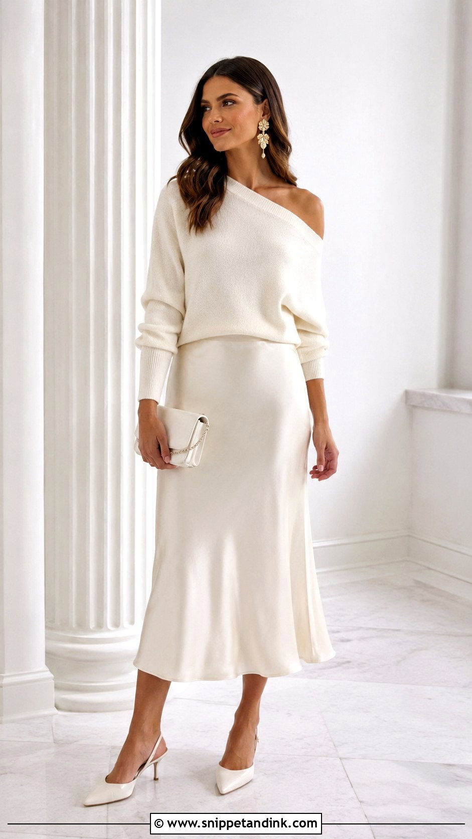 One Shoulder Bride Sweater With Satin Midi Skirt - Snippet and Ink - 20 Bride Sweater Ideas