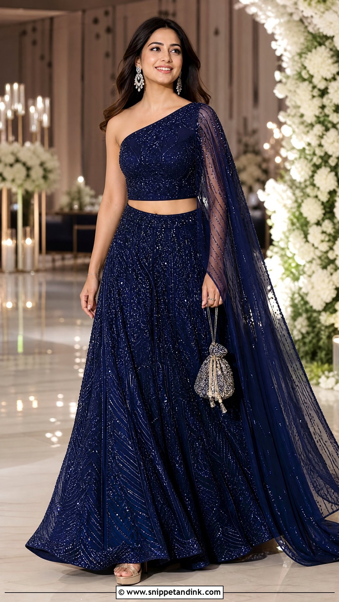 One Shoulder Cape Lehenga For Sangeet - Snippet and Ink - 20 One Shoulder Indian Wedding Dress Ideas