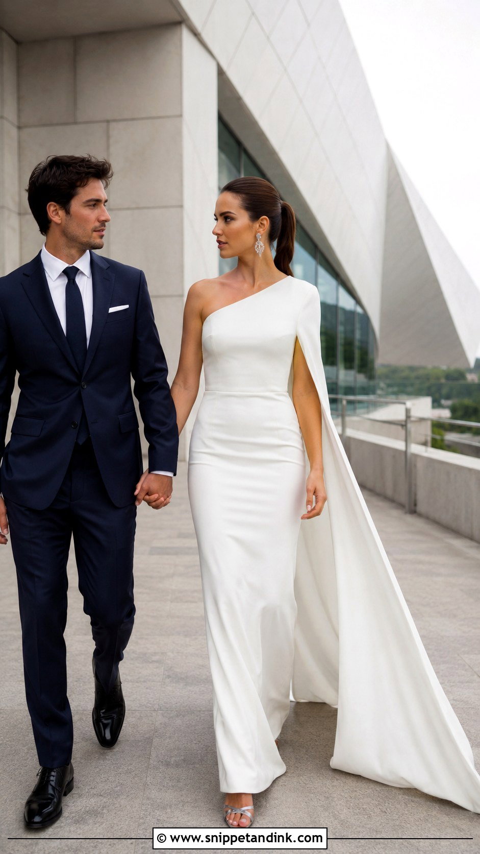 One Shoulder Cape Tail Gown - Snippet and Ink - 20 Tail Gown for Pre Wedding Ideas