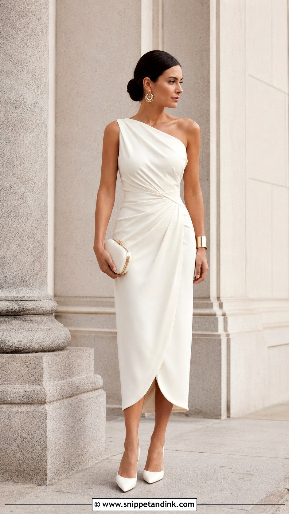 One Shoulder City Wedding Dress With Sculptural Earrings - Snippet and Ink - 20 City Wedding Dress Ideas
