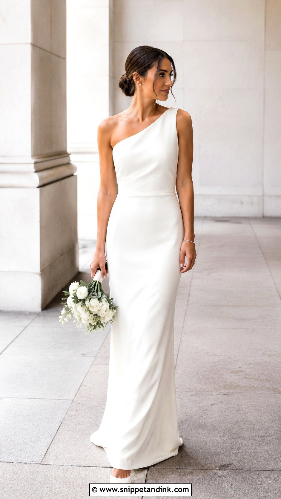 One Shoulder Crepe Sheath Wedding Dress - Snippet and Ink - 20 Best Wedding Dresses for Short Brides