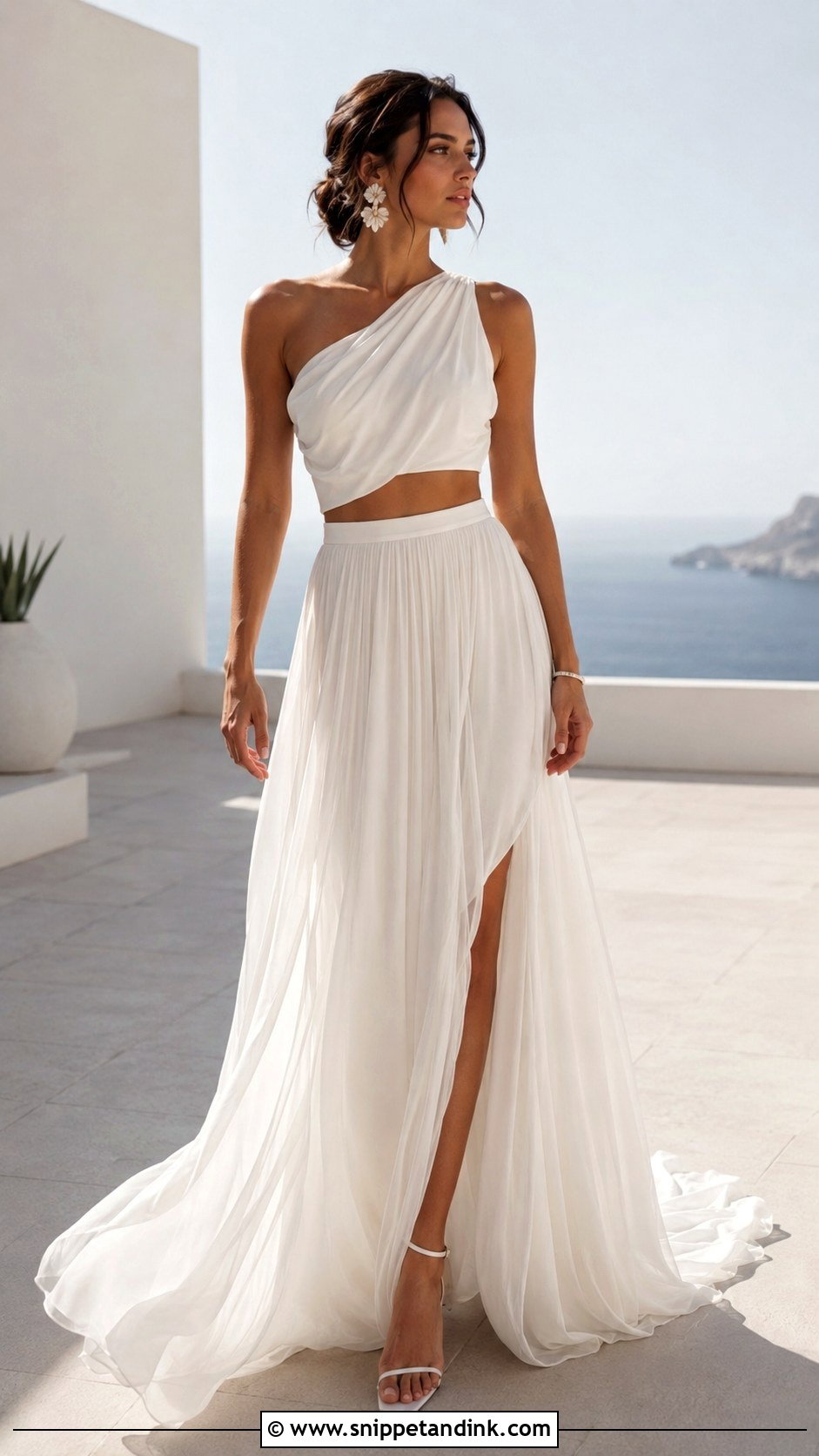 One Shoulder Crop Top Wedding Dress With Pleated Skirt - Snippet and Ink - 20 Crop Top Wedding Dress Ideas