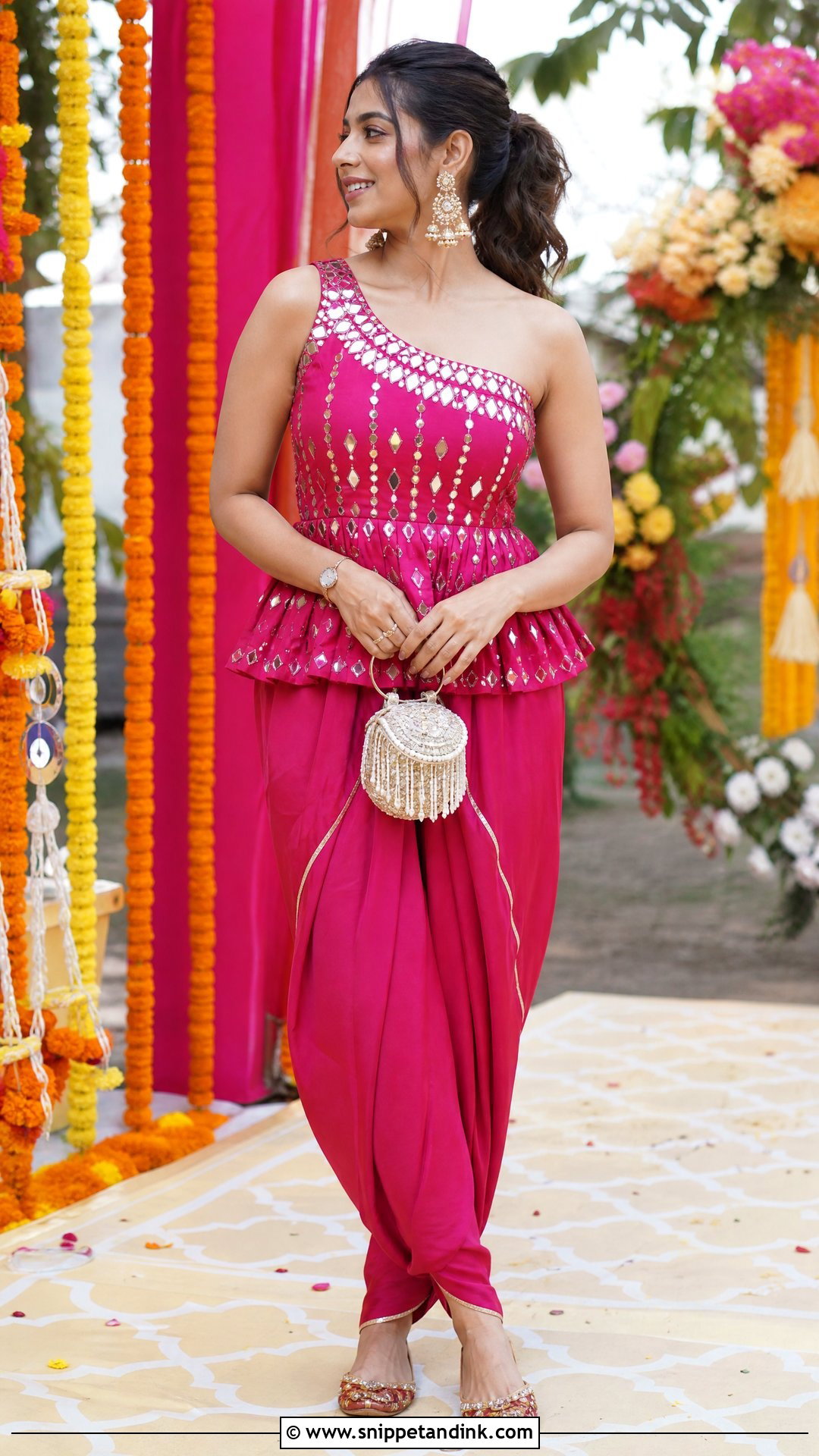 One Shoulder Dhoti Set For Mehendi - Snippet and Ink - 20 One Shoulder Indian Wedding Dress Ideas