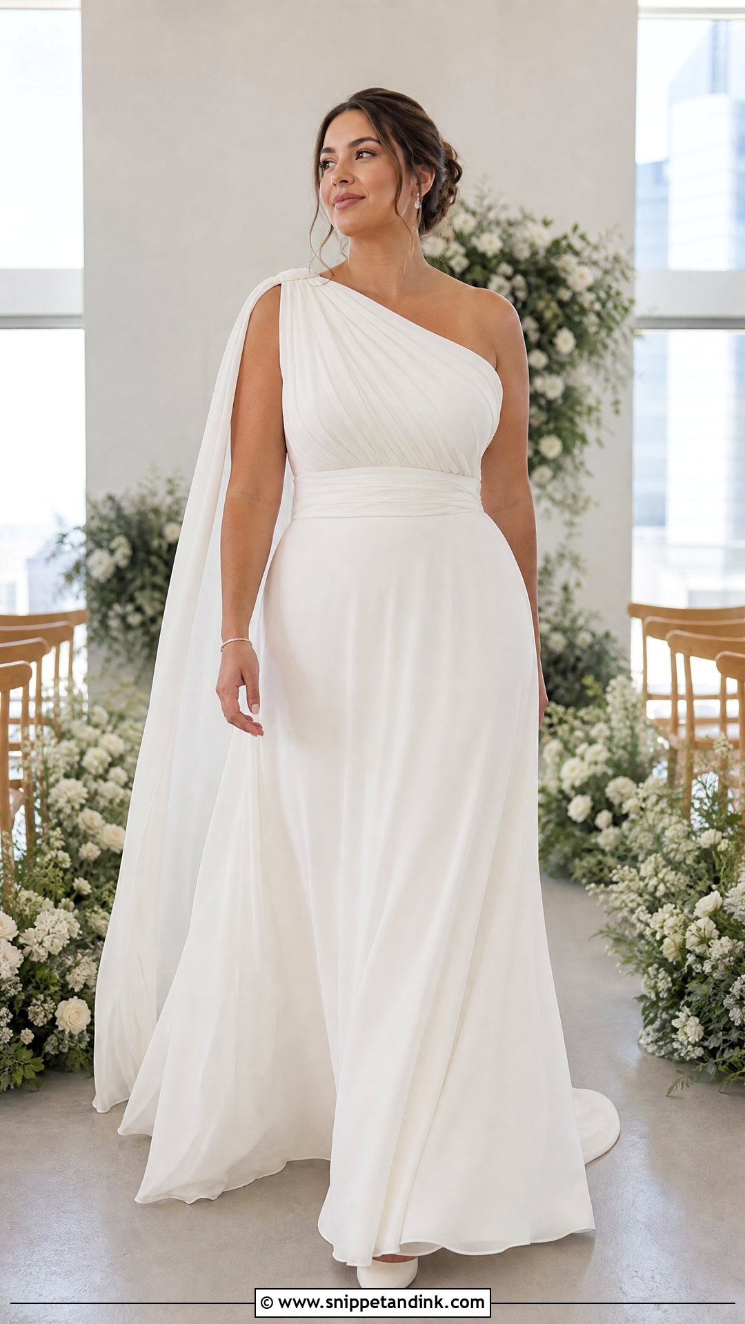 One Shoulder Draped A Line Wedding Dress - Snippet and Ink - 20 Wedding Dresses for Pear Shape