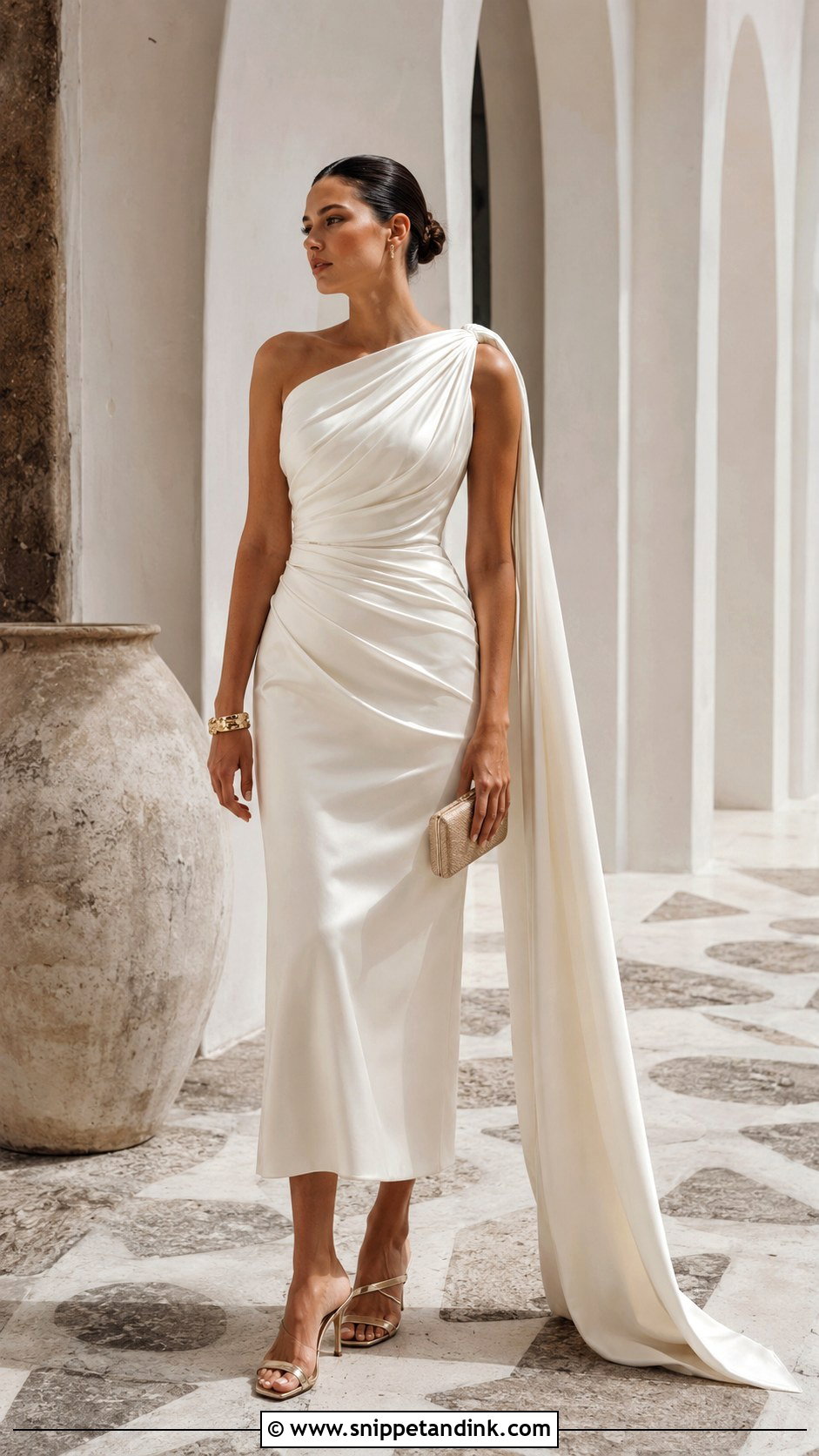 One Shoulder Draped Midi Wedding Dress - Snippet and Ink - 20 Elegant Midi Wedding Dress Ideas