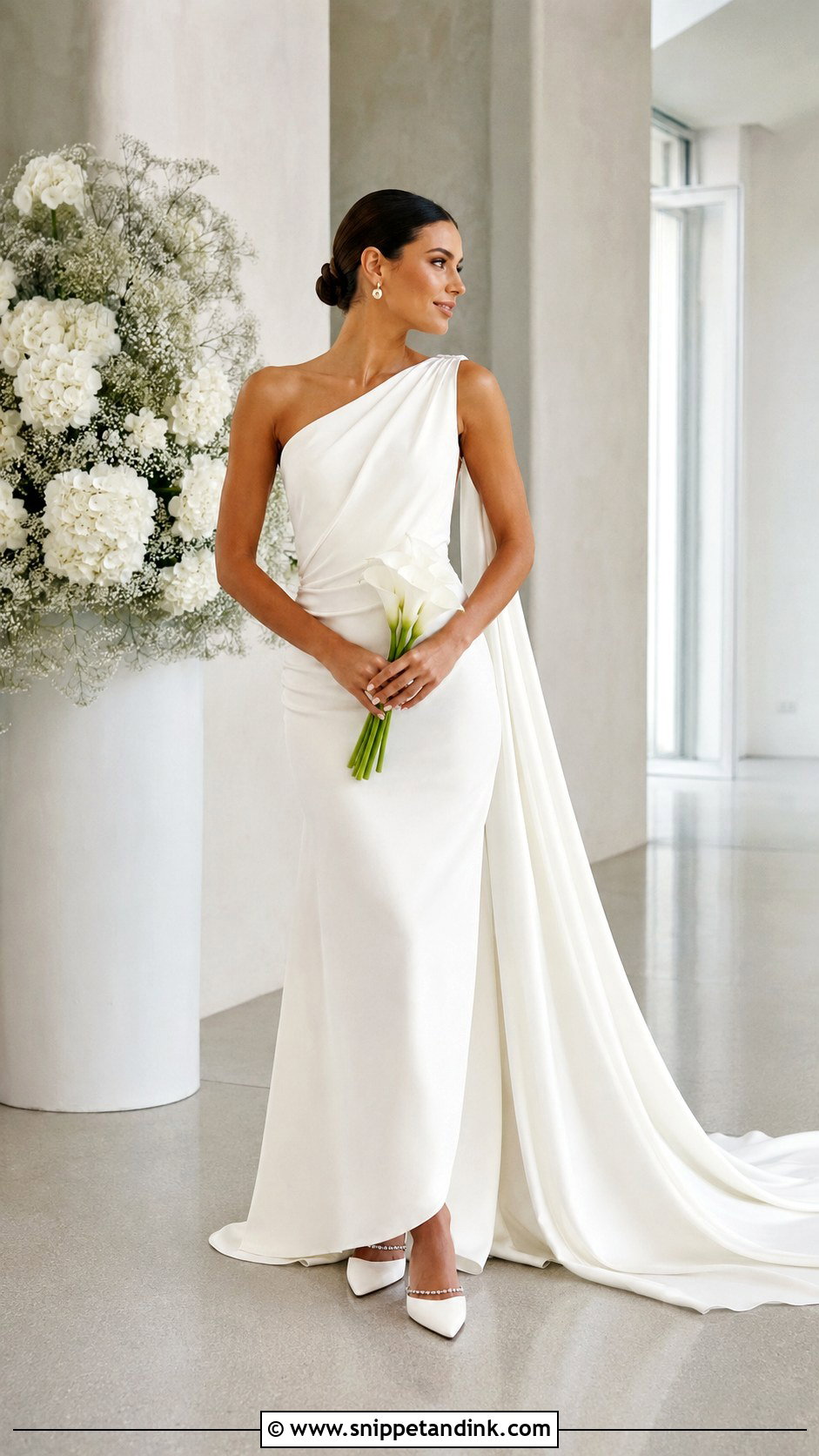 One Shoulder Draped Train Dress - Snippet and Ink - 20 Bridal Train Dresses
