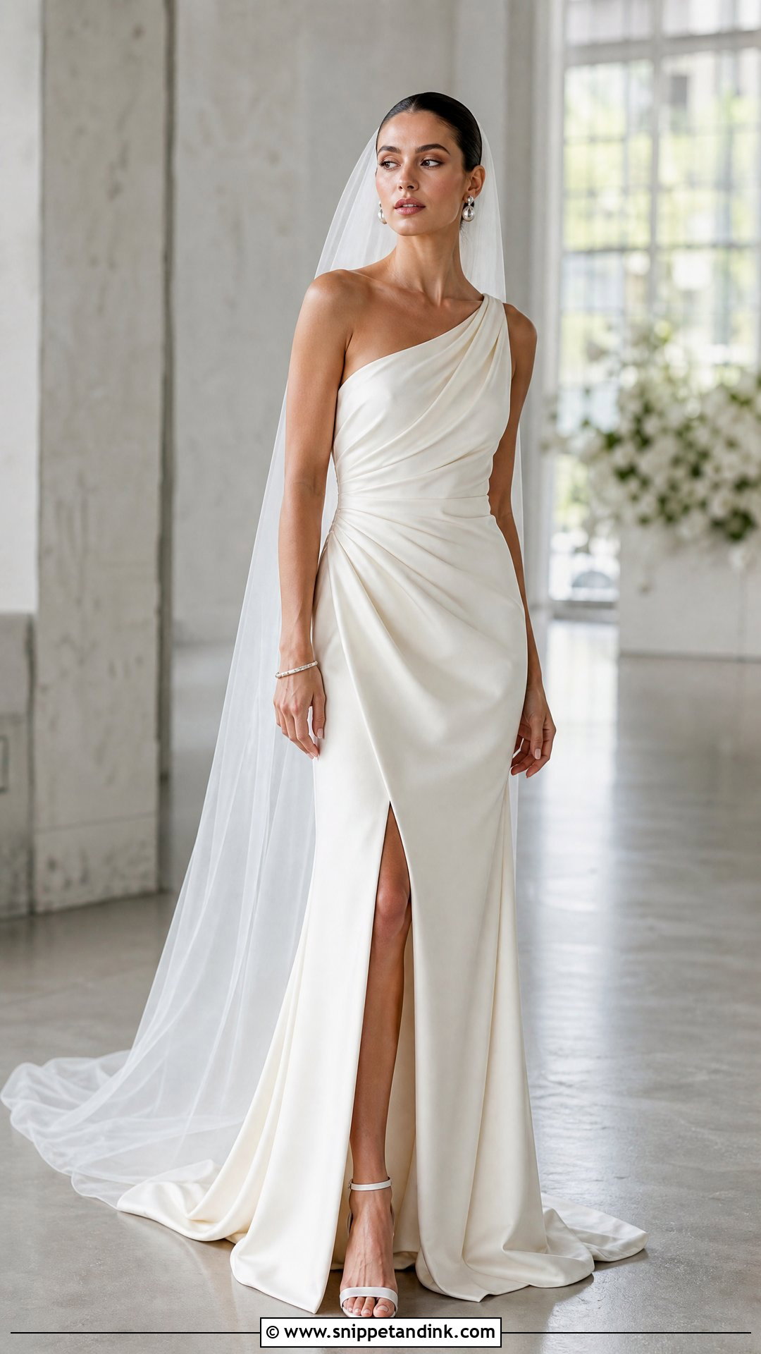 One Shoulder Draped Wedding Dress - Snippet and Ink - 20 No Lace Wedding Dress Ideas
