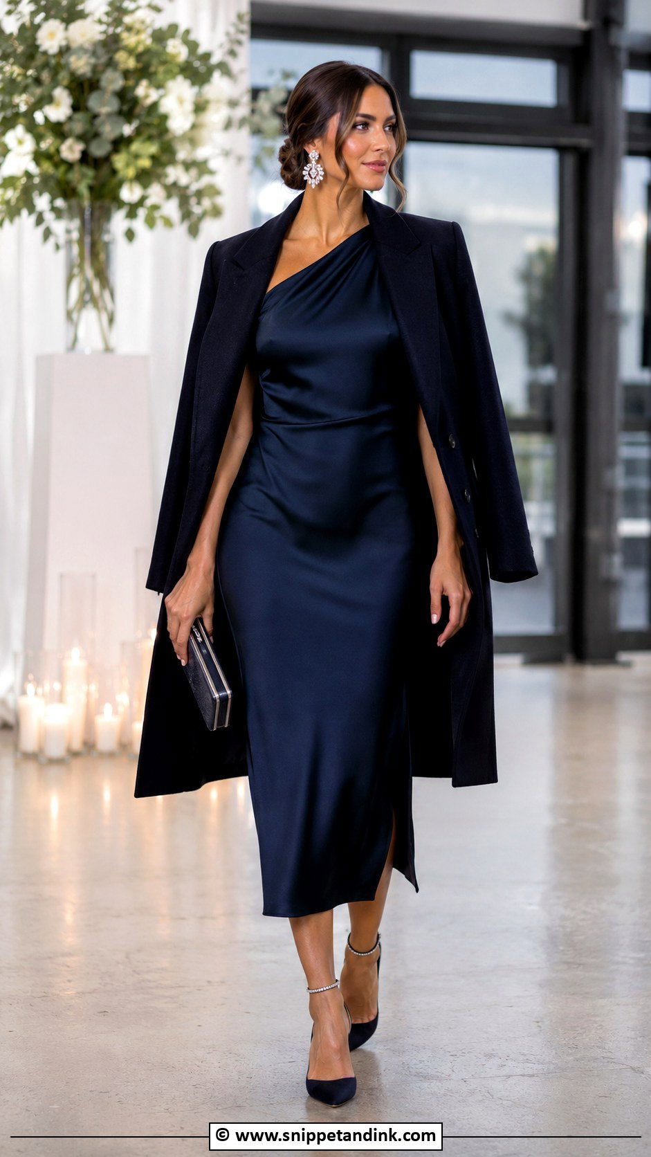 One Shoulder Dress With Dressy Coat - Snippet and Ink - 35 Winter Wedding Dress Ideas