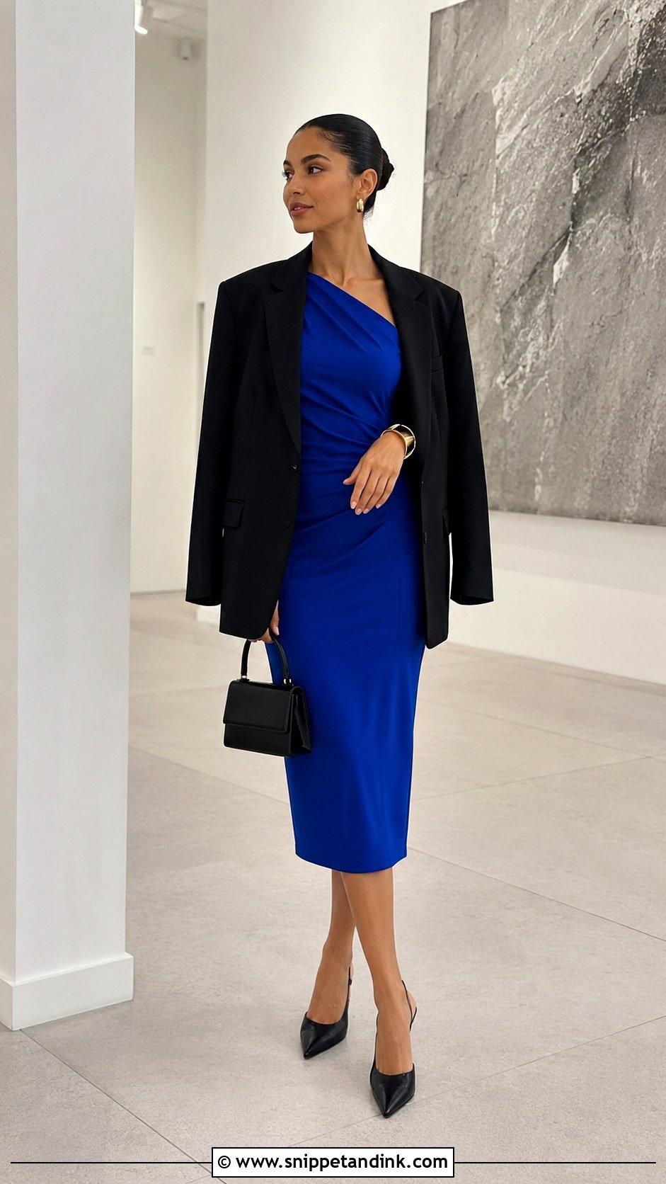 One Shoulder Dress and Oversized Blazer Wedding Outfit - Snippet and Ink - 20 Dress and Blazer Outfit Wedding Ideas
