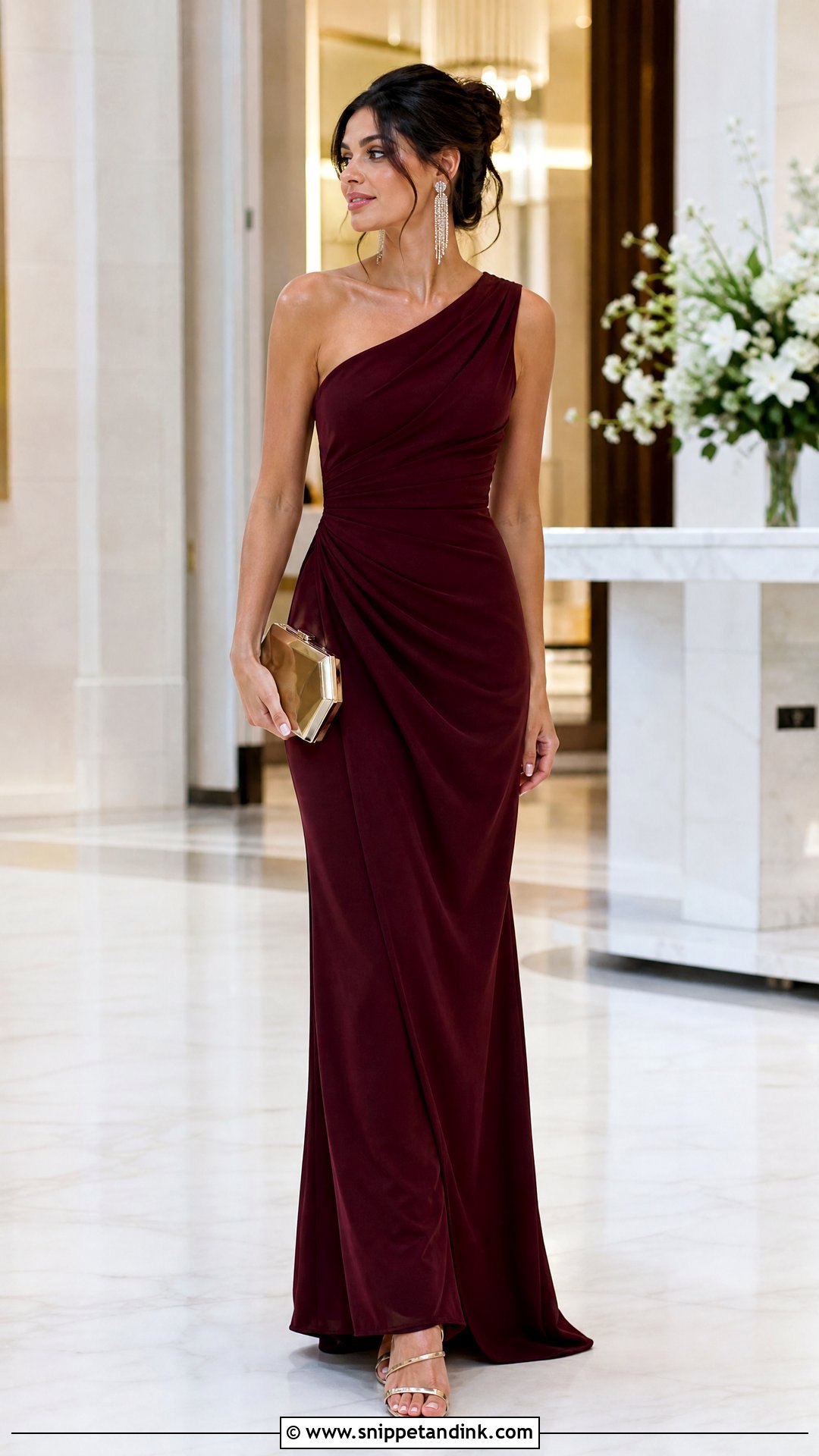 One Shoulder Gown With Drop Earrings - Snippet and Ink - 20 Wedding Event Dresses