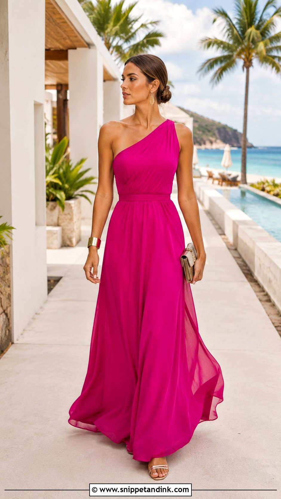 One Shoulder Maxi Dress Destination Wedding Outfit - Snippet and Ink - 20 Destination Wedding Outfits