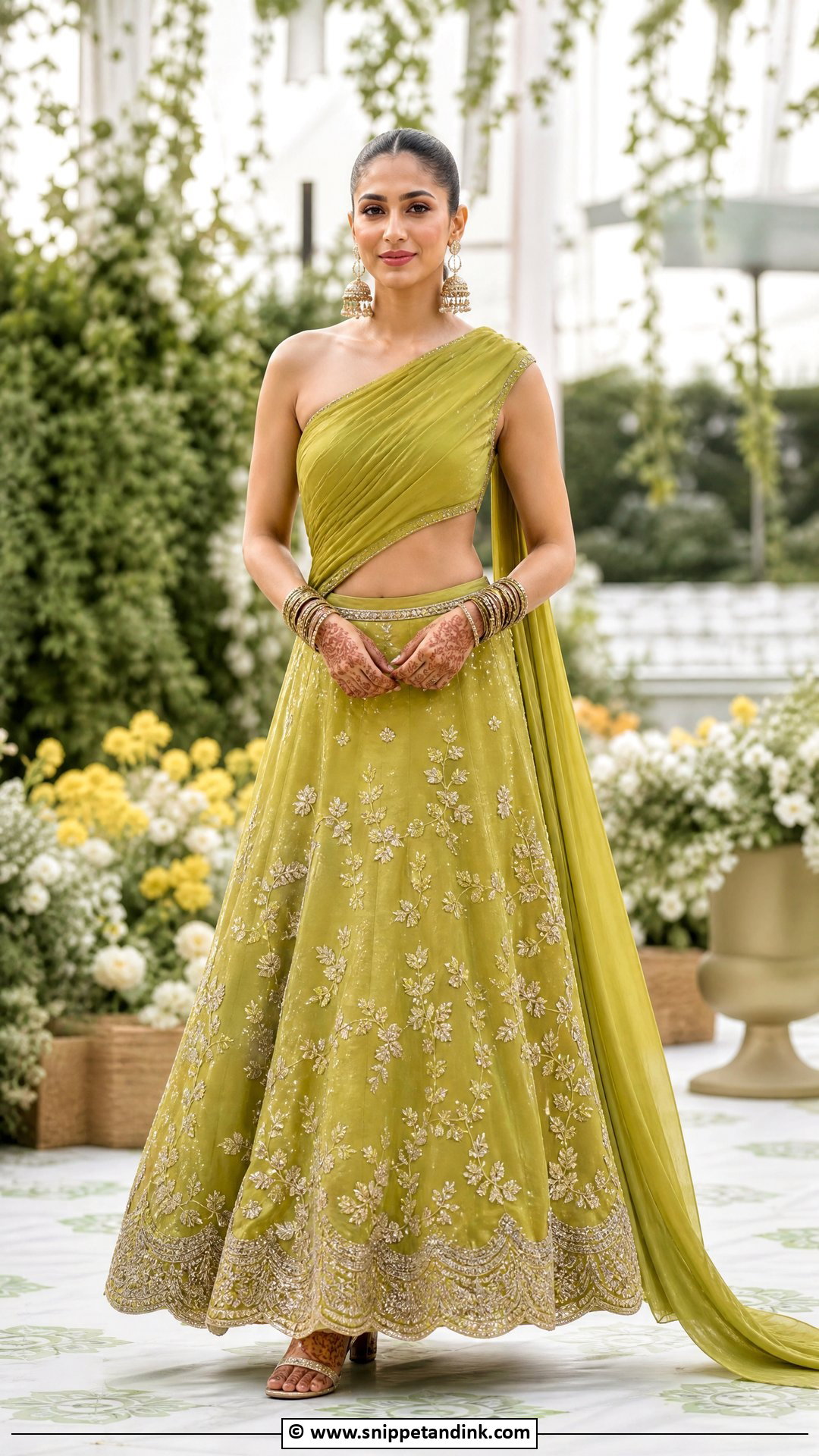One Shoulder Mehndi Dress For Bride - Snippet and Ink - 35 Mehndi Dress for Bride Ideas