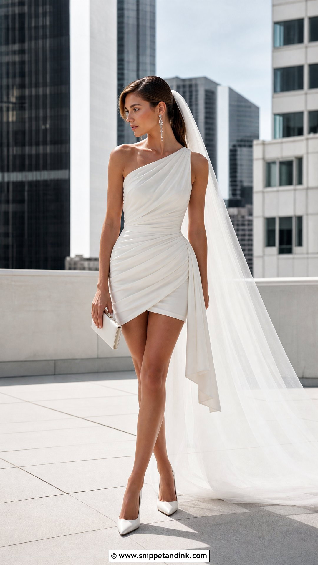 One Shoulder Mini Dress With Long Veil - Snippet and Ink - 20 Short Dress Long Veil Ideas
