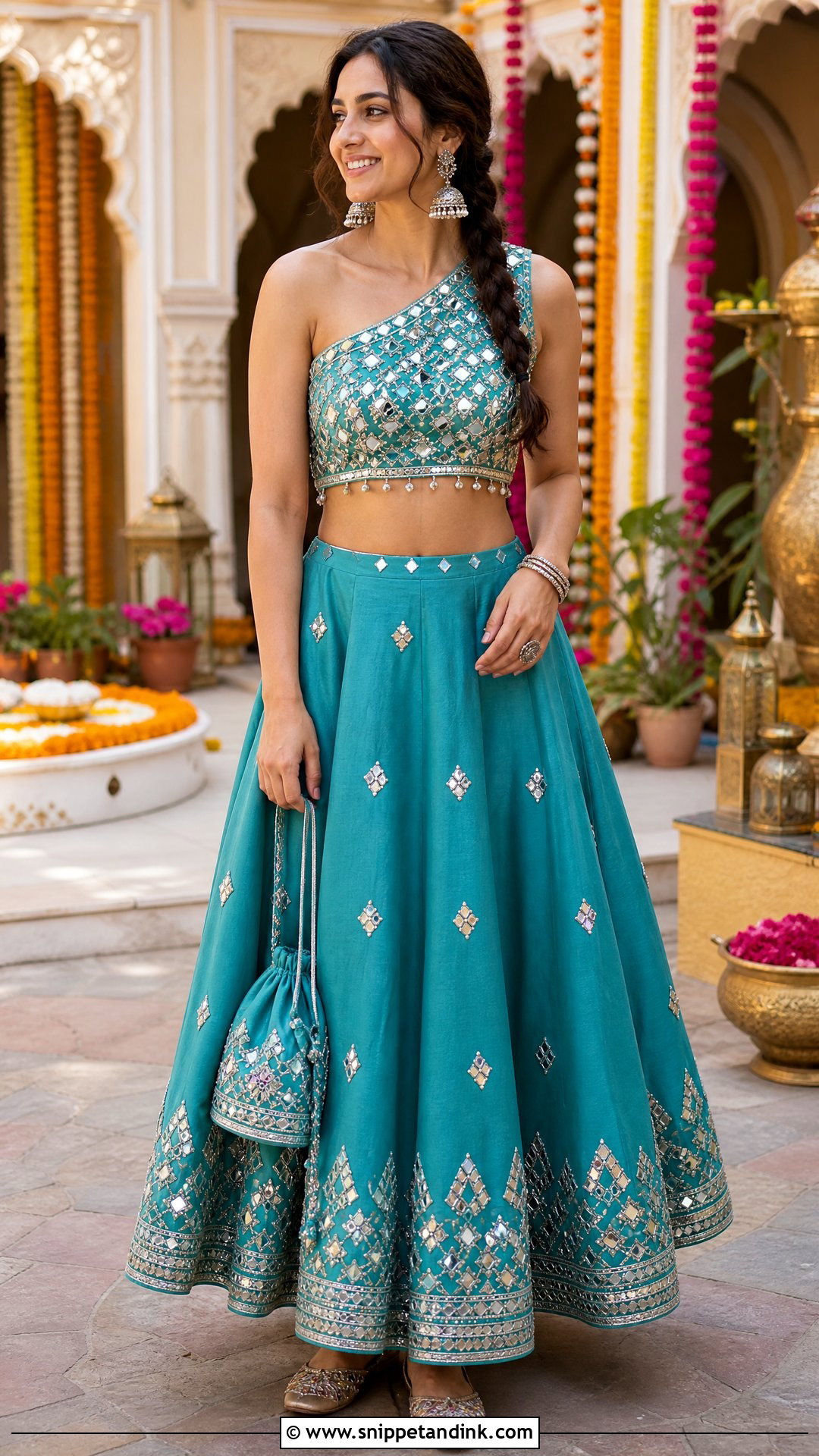 One Shoulder Mirror Work Lehenga - Snippet and Ink - 20 One Shoulder Indian Wedding Dress Ideas