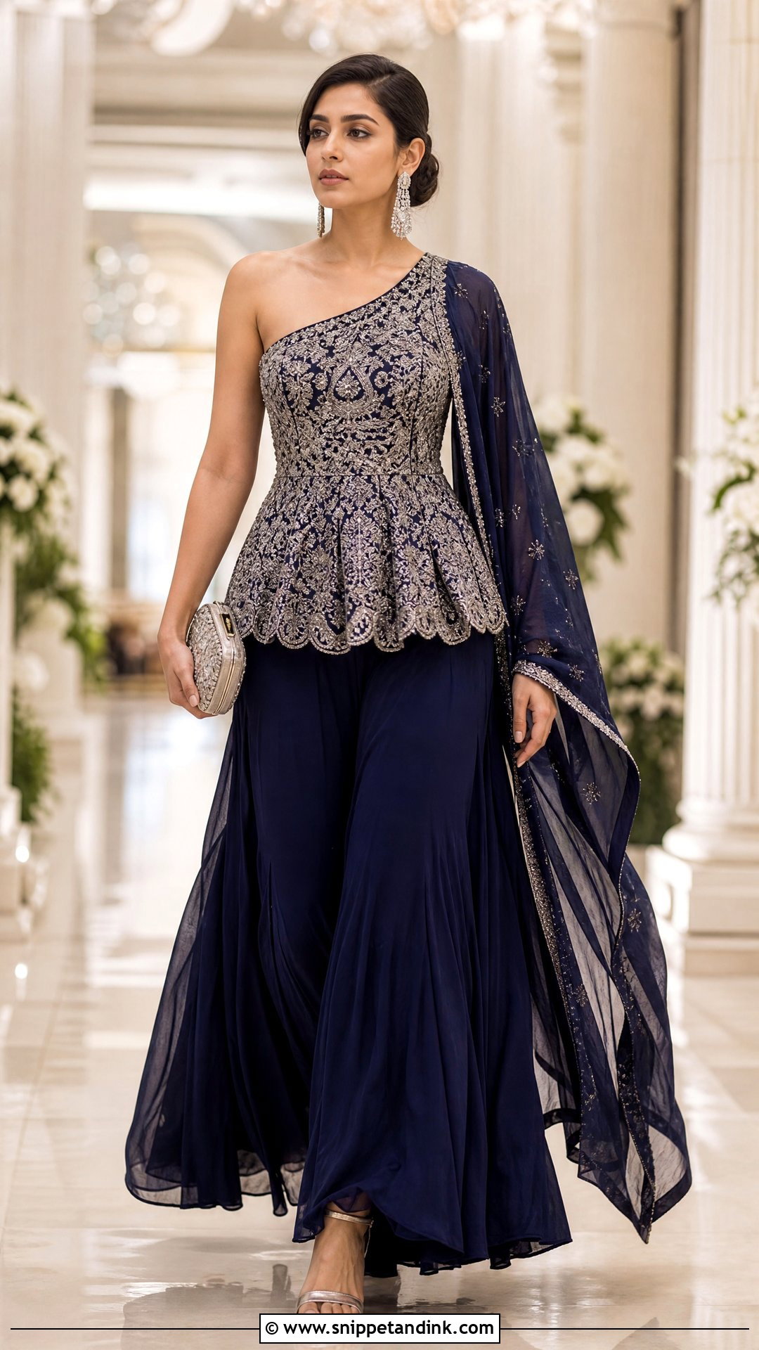 One Shoulder Navy Blue Sharara - Snippet and Ink - 20 One Shoulder Indian Wedding Dress Ideas
