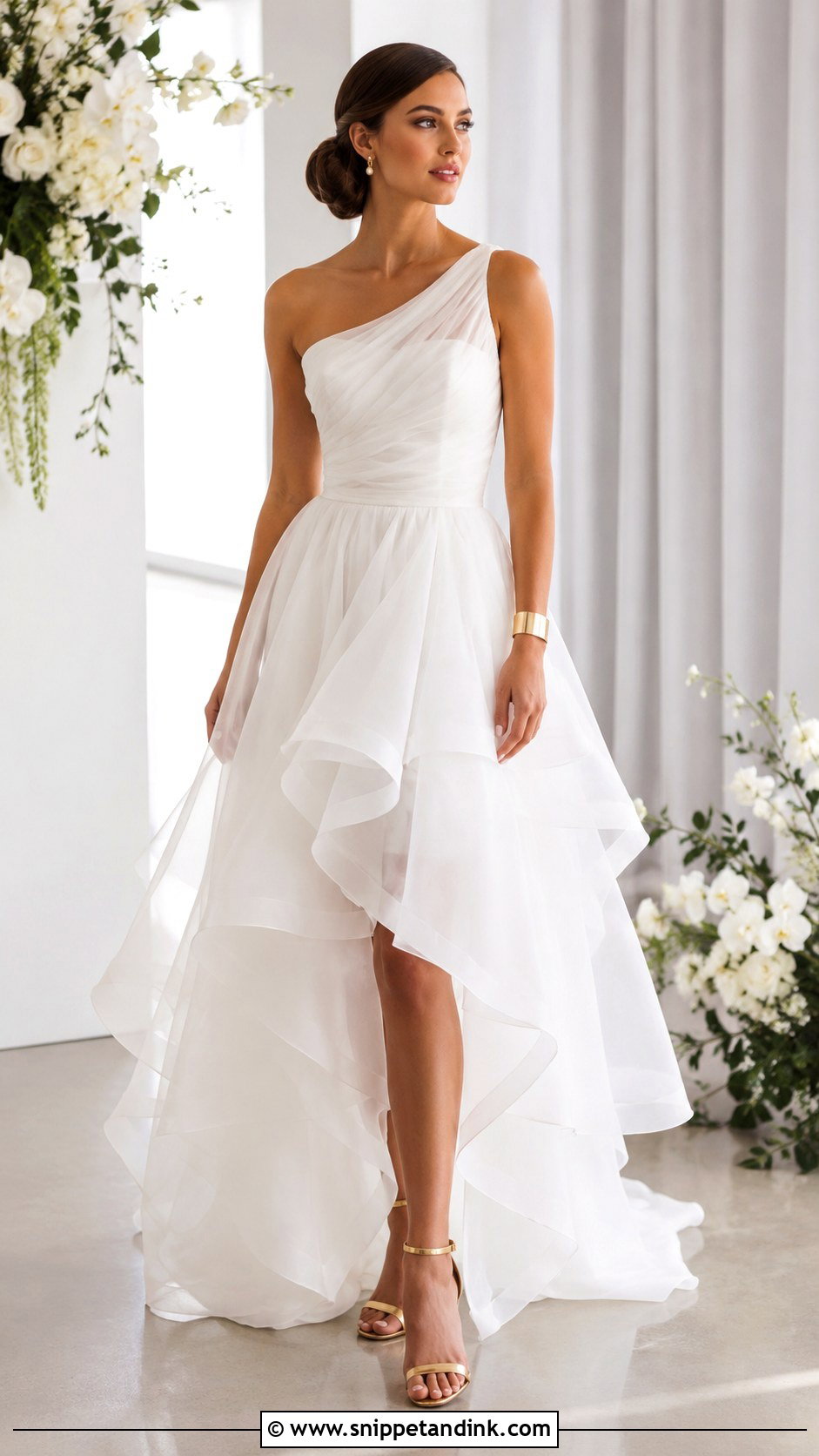 One Shoulder Organza Hi Low Wedding Dress With Metallic Sandals - Snippet and Ink - 20 Hi Low Wedding Dress Ideas