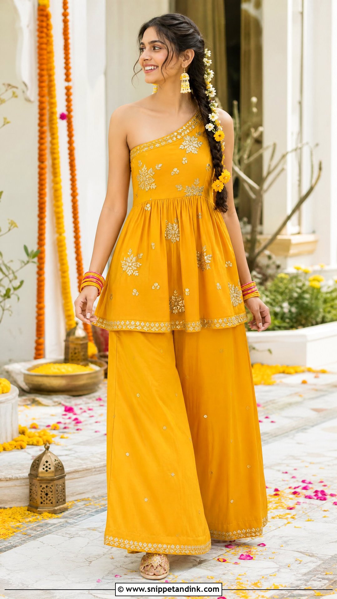 One Shoulder Palazzo Set For Haldi - Snippet and Ink - 20 One Shoulder Indian Wedding Dress Ideas