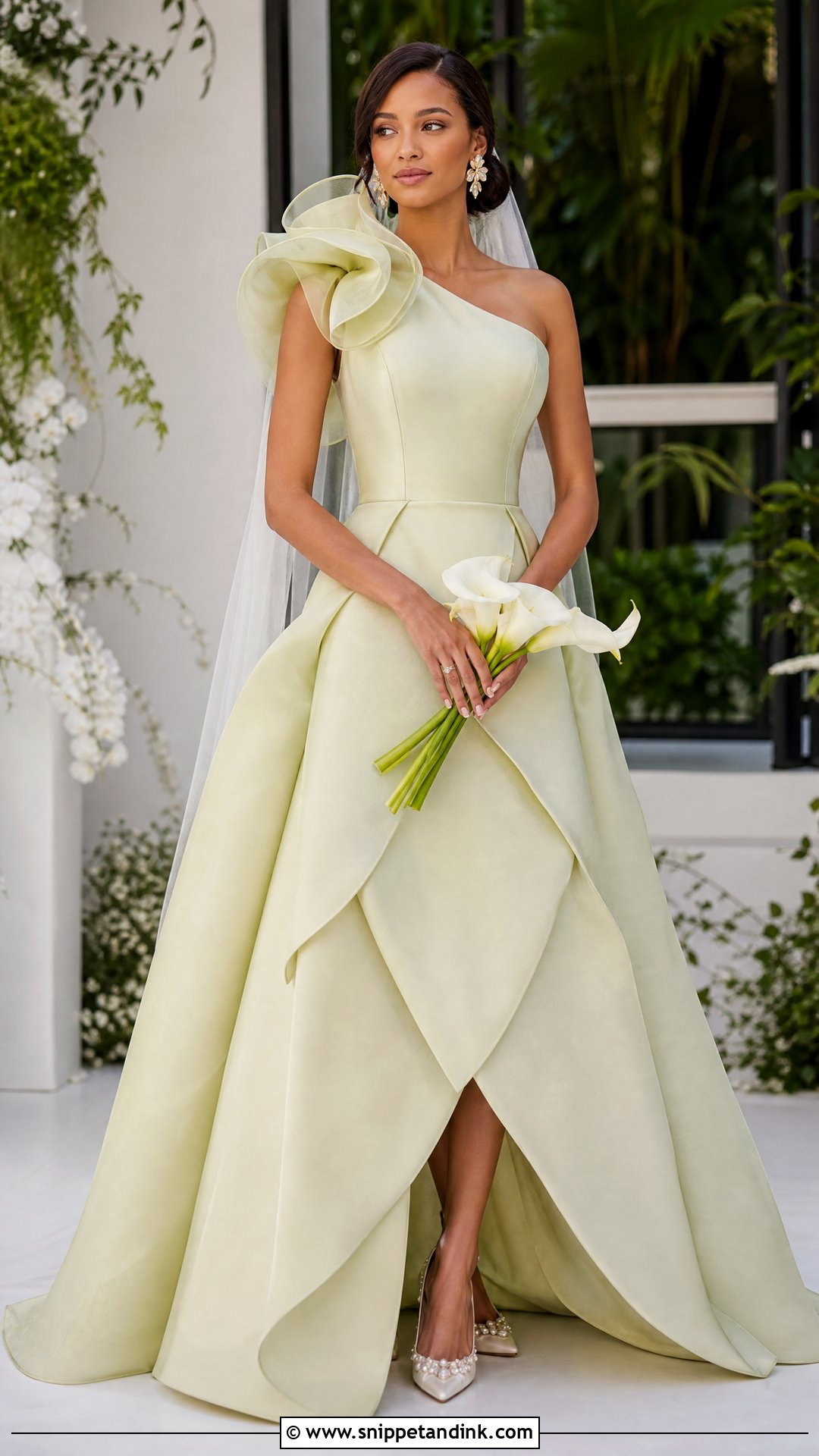 One Shoulder Princess Tiana Petal Gown - Snippet and Ink - 20 Princess Tiana Wedding Dress Ideas