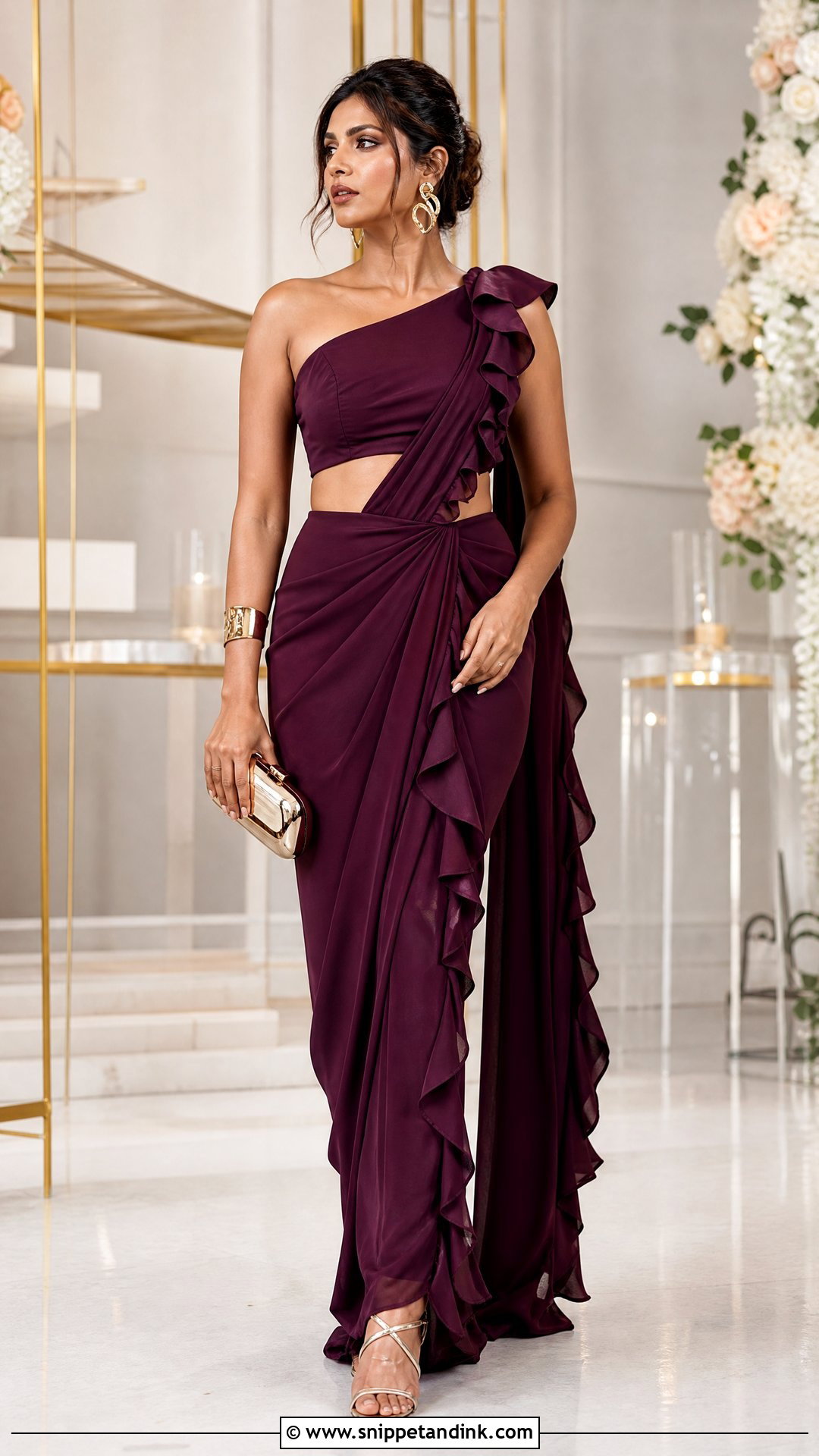 One Shoulder Ruffle Saree For Cocktail - Snippet and Ink - 20 One Shoulder Indian Wedding Dress Ideas