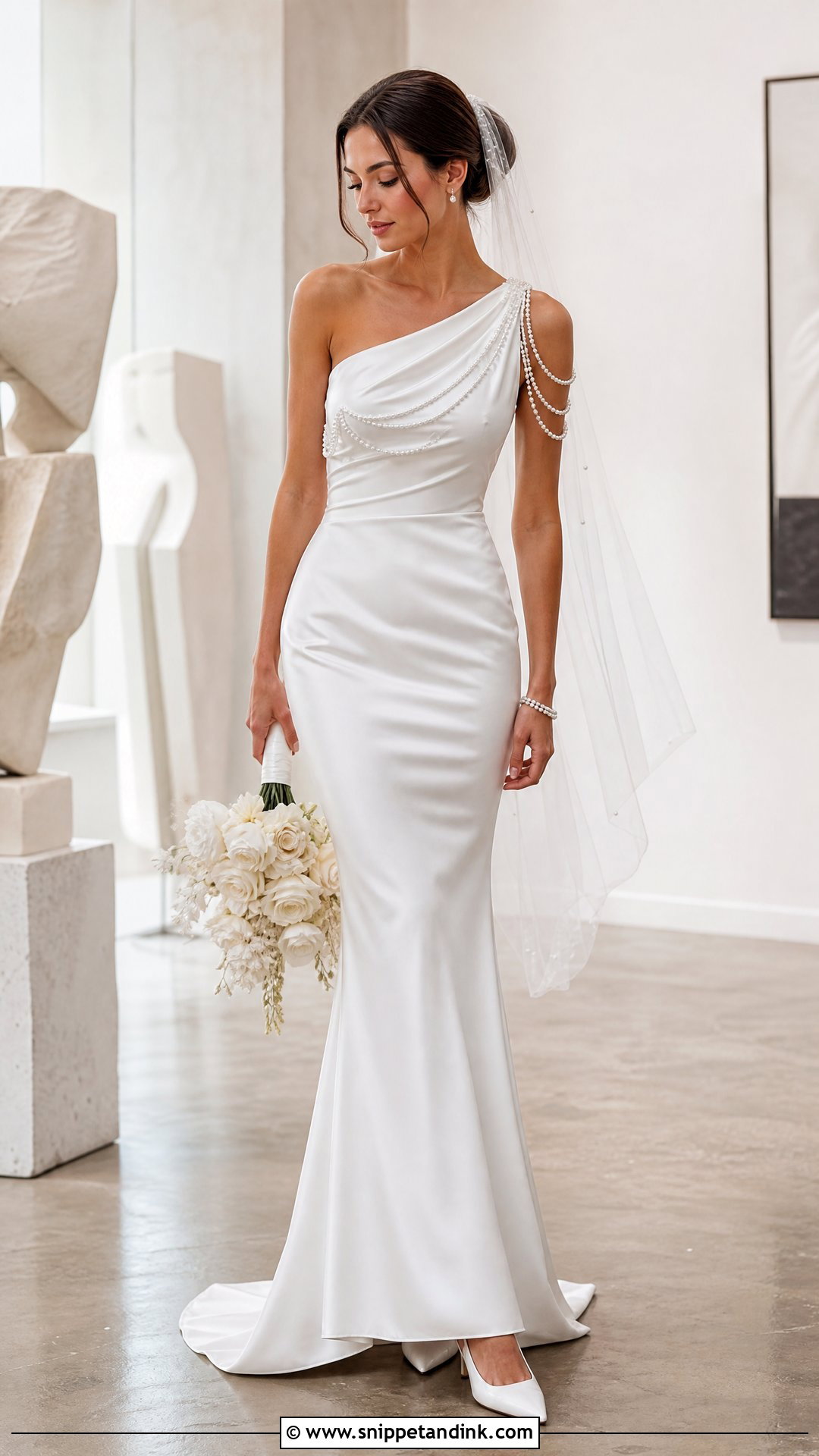 One Shoulder Satin Wedding Dress With Pearl Draping - Snippet and Ink - 20 Satin and Pearl Wedding Dress Ideas