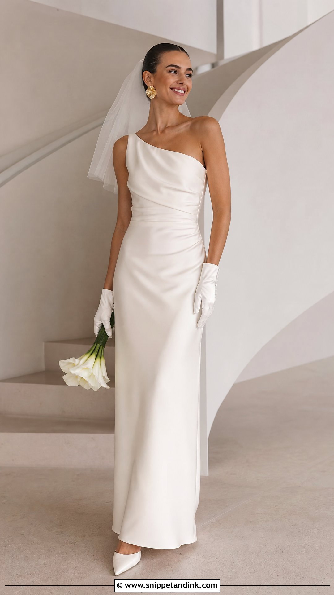 One Shoulder Satin Wedding Dress With Short Gloves - Snippet and Ink - 20 Satin Wedding Dress with Gloves Ideas