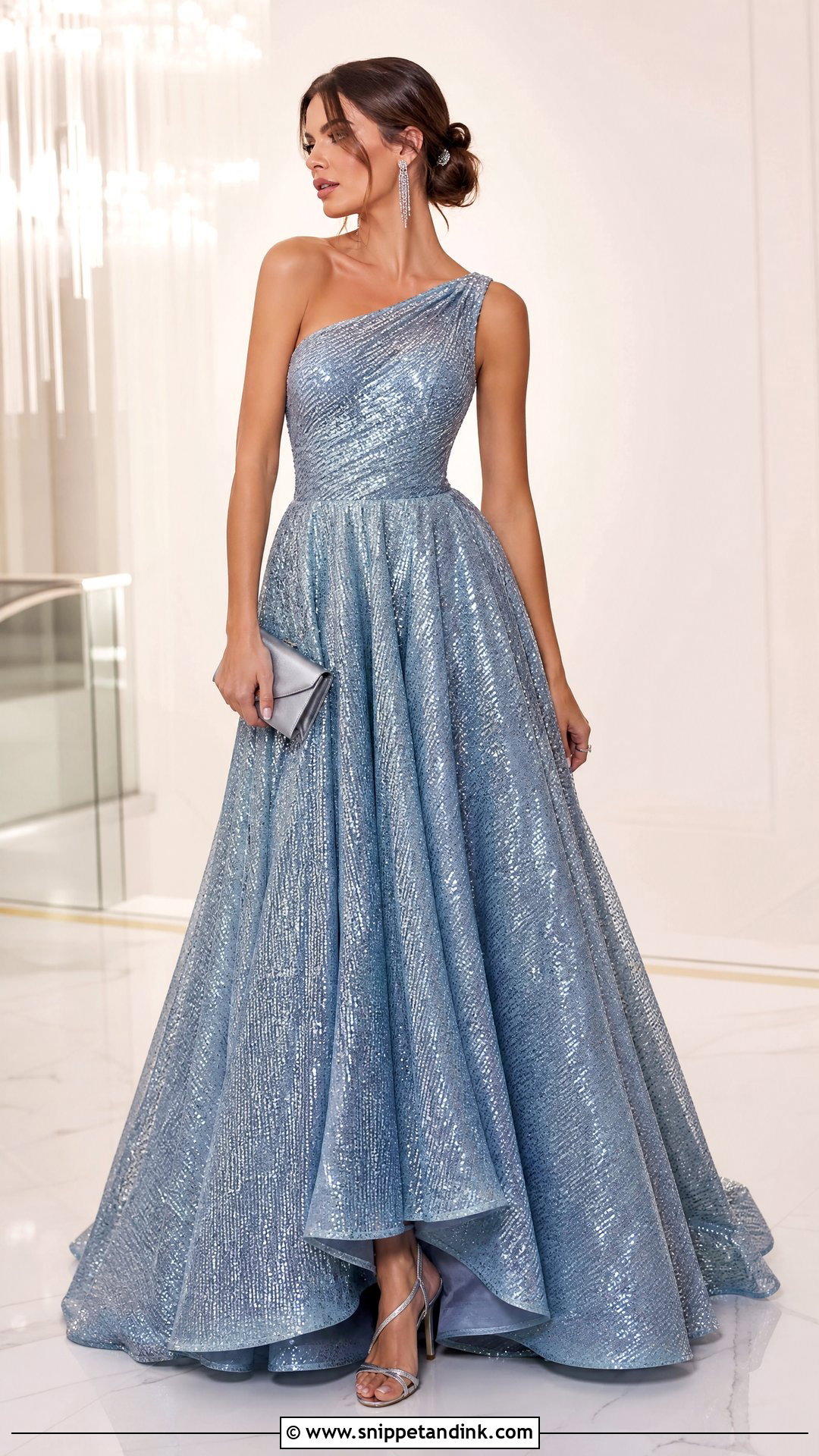 One Shoulder Sequin Ball Gown With Drop Earrings - Snippet and Ink - 20 Sequin Ball Gown Ideas