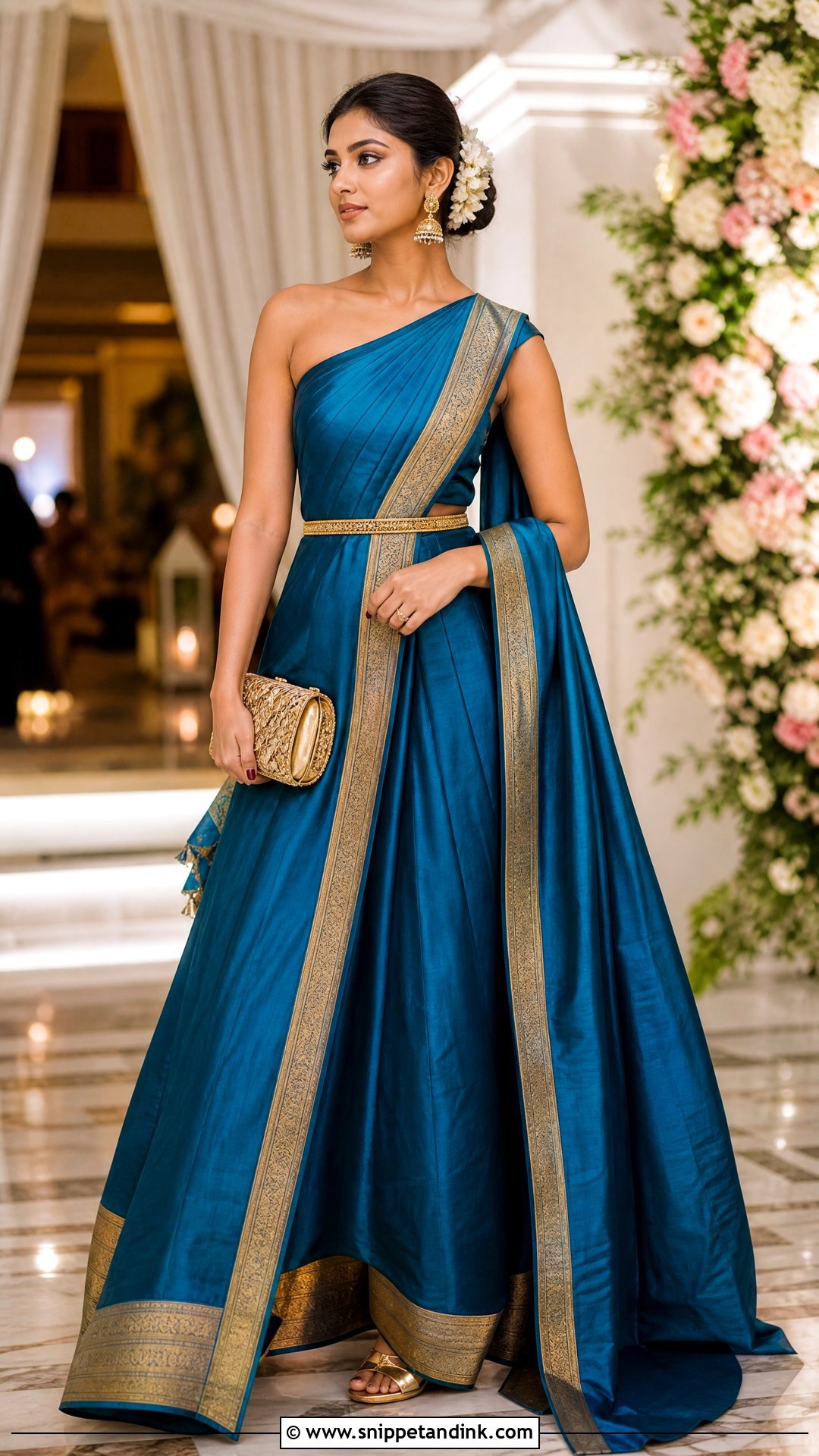 One Shoulder Silk Saree Gown - Snippet and Ink - 20 One Shoulder Indian Wedding Dress Ideas