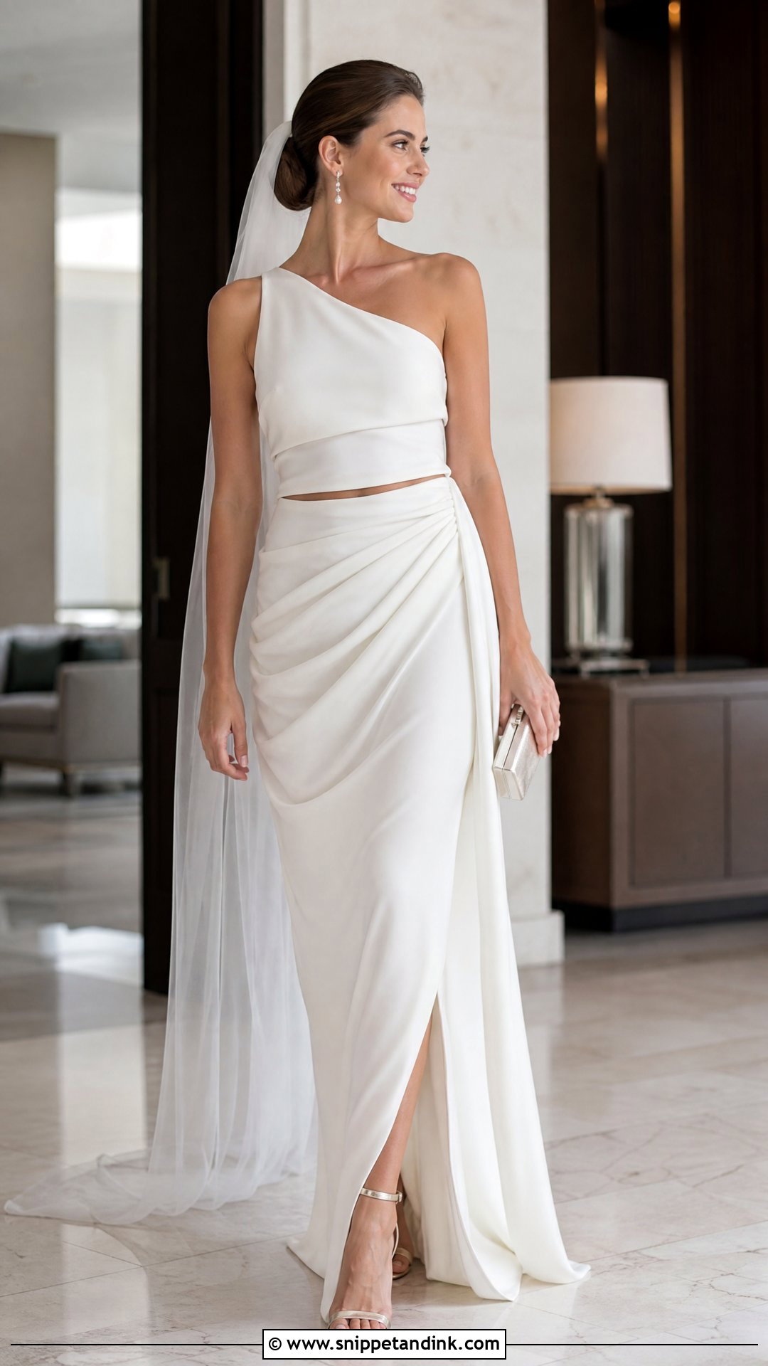 One Shoulder Top And Draped Wedding Skirt - Snippet and Ink - 20 Two Piece Wedding Dresses