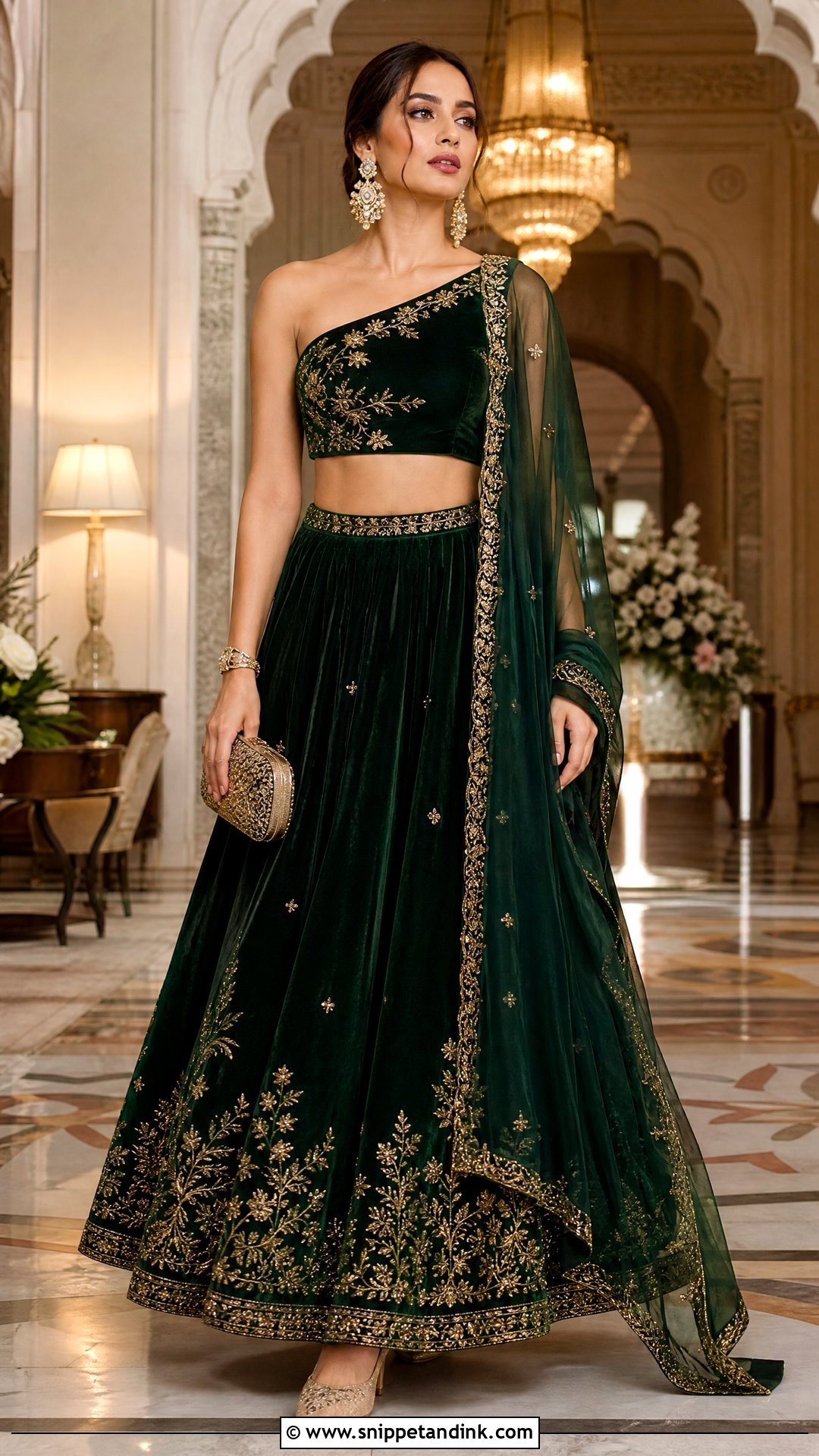 One Shoulder Velvet Lehenga For Winter Wedding - Snippet and Ink - 20 One Shoulder Indian Wedding Dress Ideas