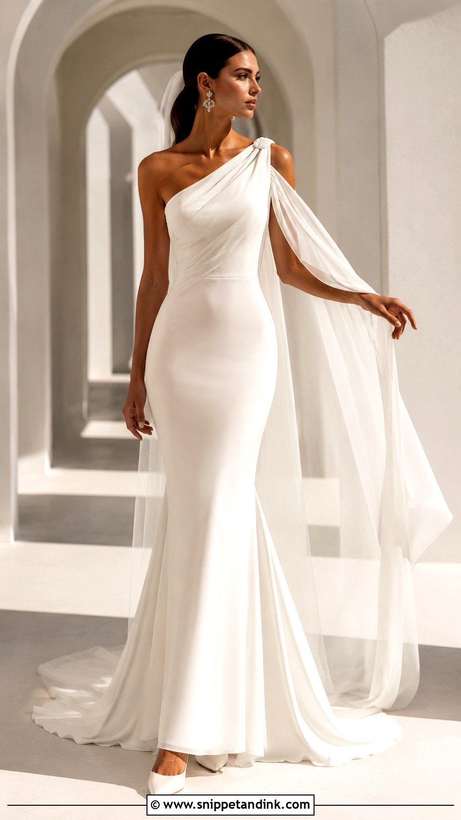 One Shoulder Wedding Dress With Detachable Draped Sleeve - Snippet and Ink - 20 Wedding Dress with Detachable Sleeves