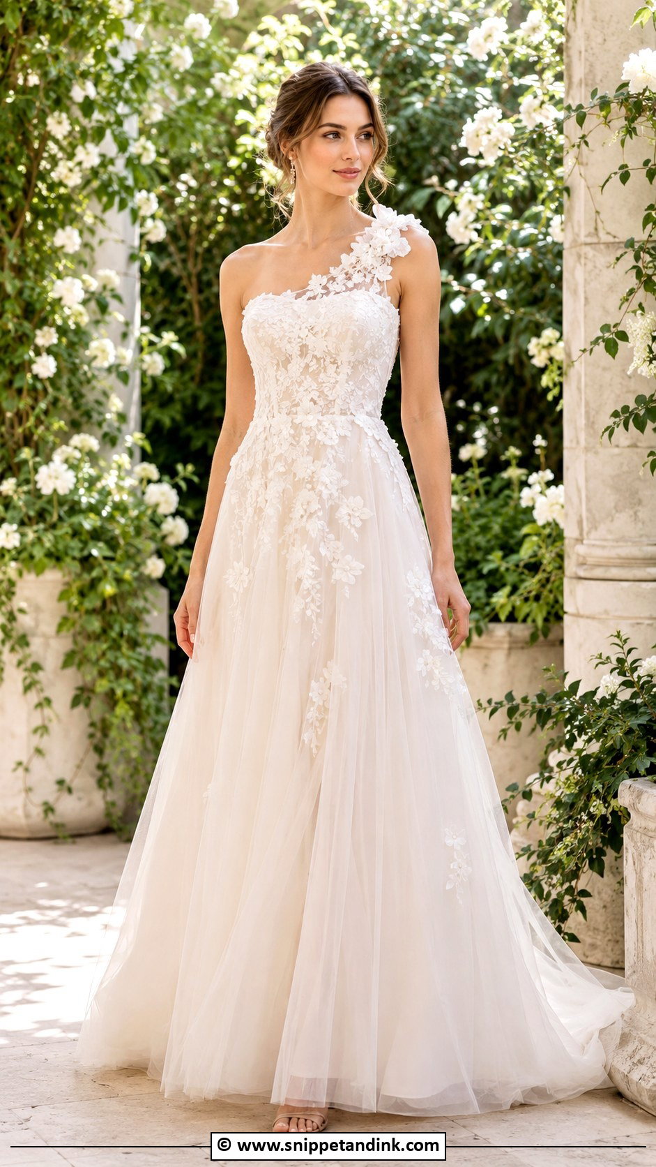 One Shoulder Wedding Dress With Floral Applique - Snippet and Ink - 30 One Shoulder Wedding Dress Ideas