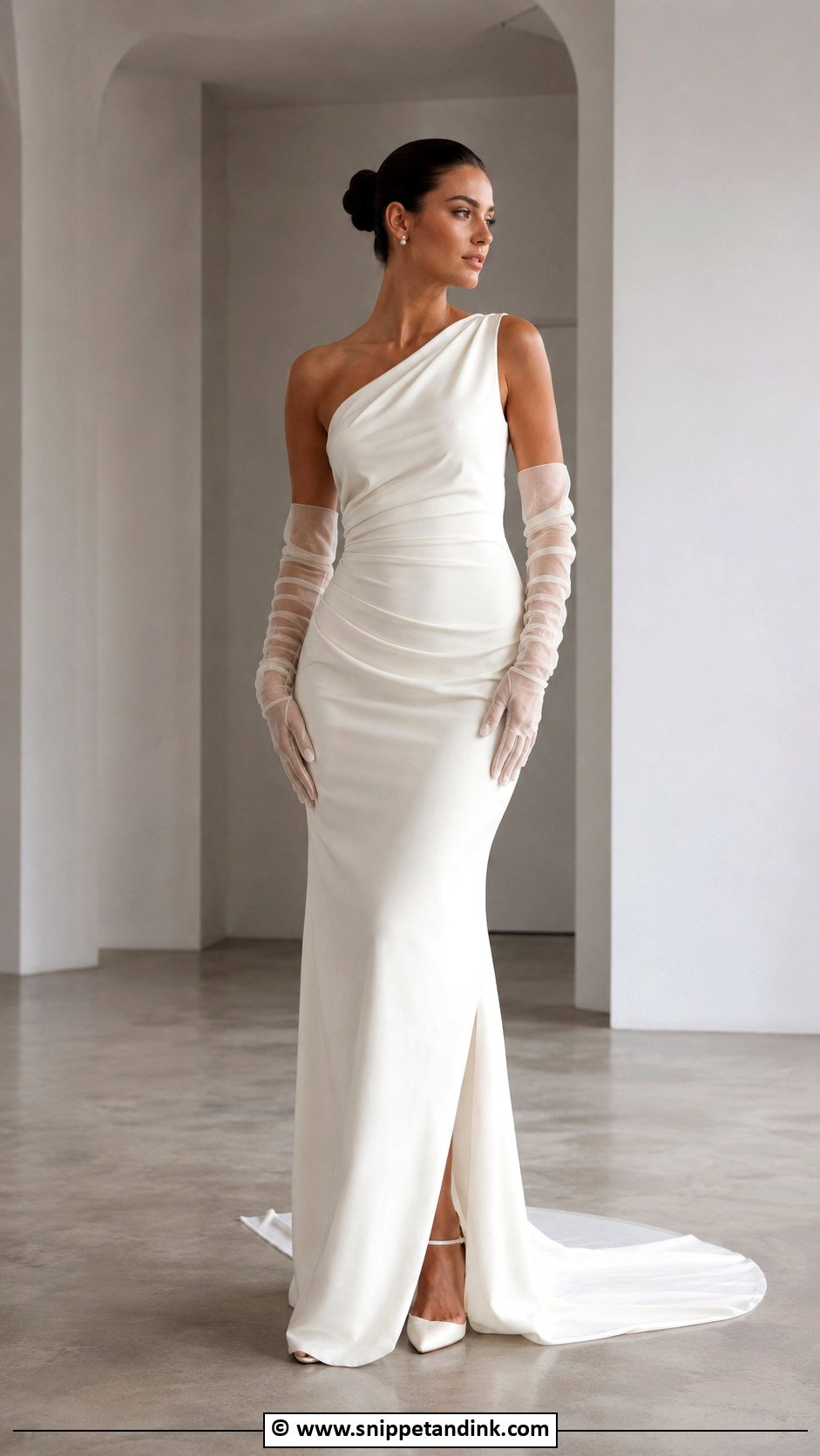 One Shoulder Wedding Dress With Gloves - Snippet and Ink - 30 Wedding Dress with Gloves Ideas