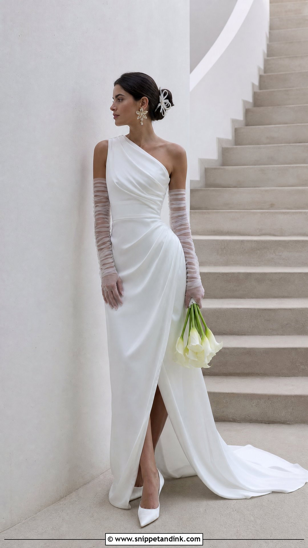 One Shoulder Wedding Dress With Long Sheer Gloves - Snippet and Ink - 20 Wedding Dress with Long Gloves Ideas
