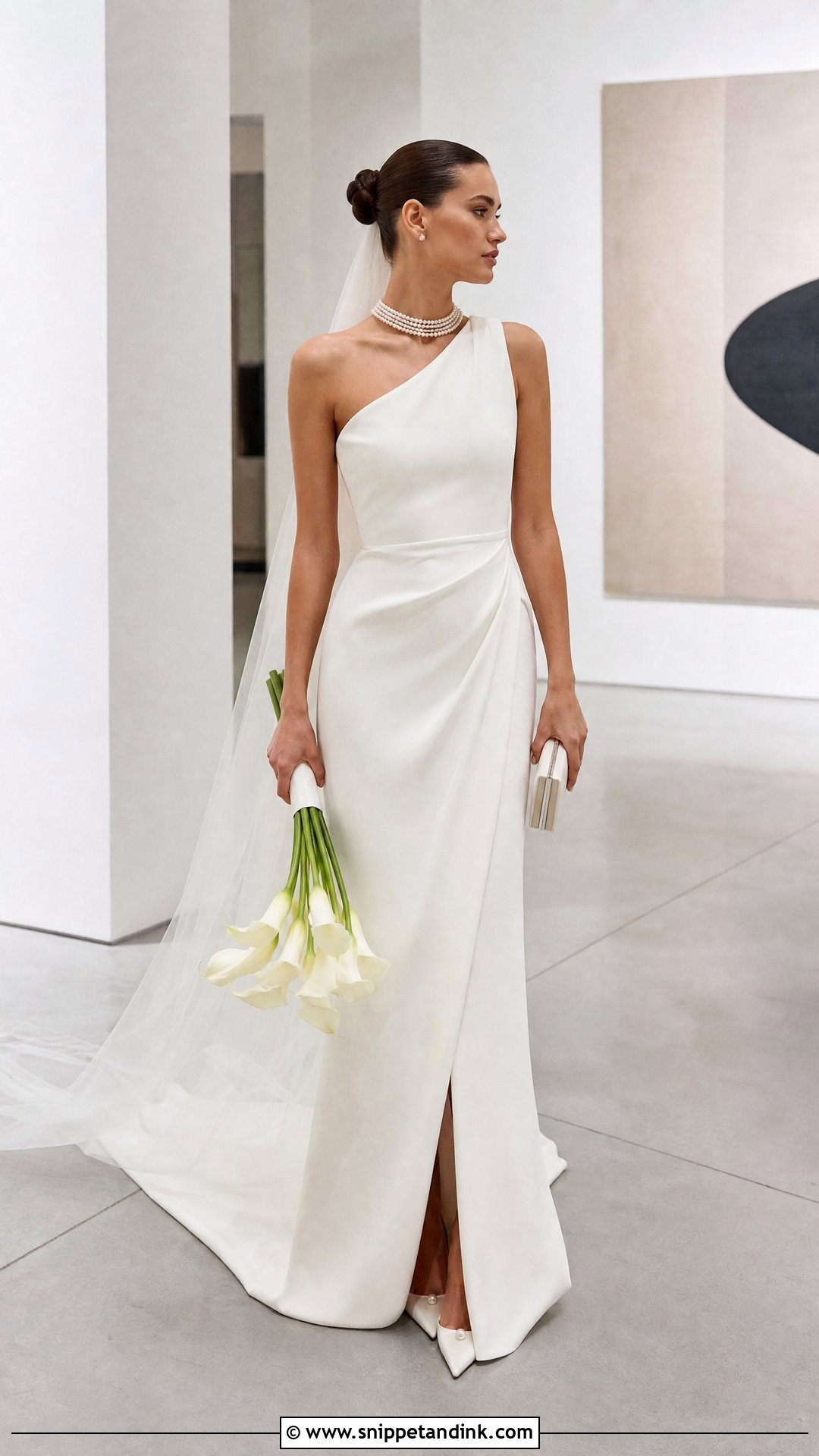One Shoulder Wedding Dress With Pearl Collar Necklace - Snippet and Ink - 20 Wedding Dress with Pearl Necklace Ideas