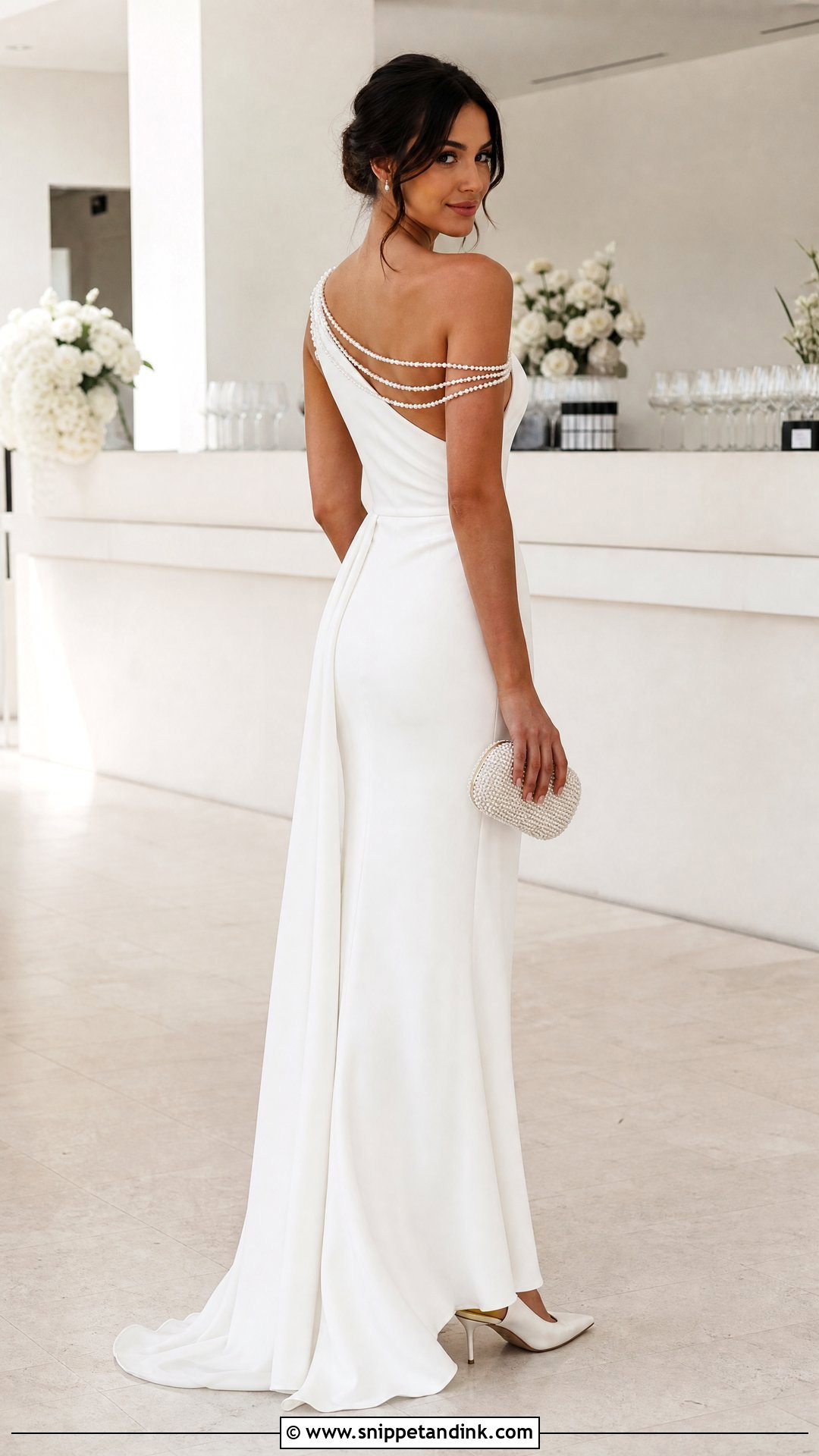 One Shoulder Wedding Dress With Pearl Draping - Snippet and Ink - 20 Simple Wedding Dress with Pearls Ideas