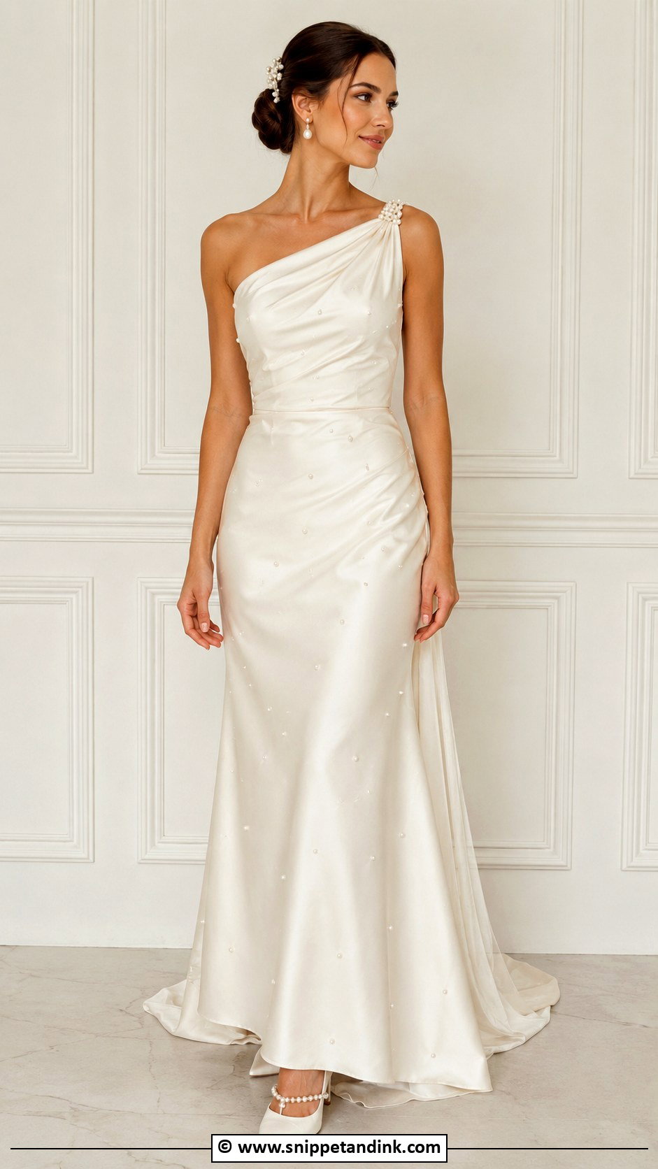 One Shoulder Wedding Dress With Pearls - Snippet and Ink - 30 One Shoulder Wedding Dress Ideas