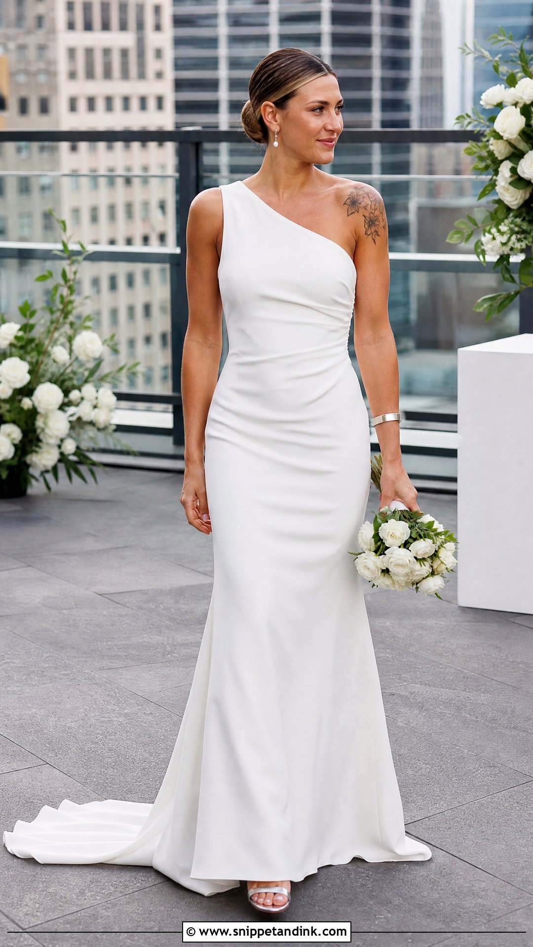 One Shoulder Wedding Dress With Shoulder Tattoo - Snippet and Ink - 20 Tattoos in Wedding Dress Ideas
