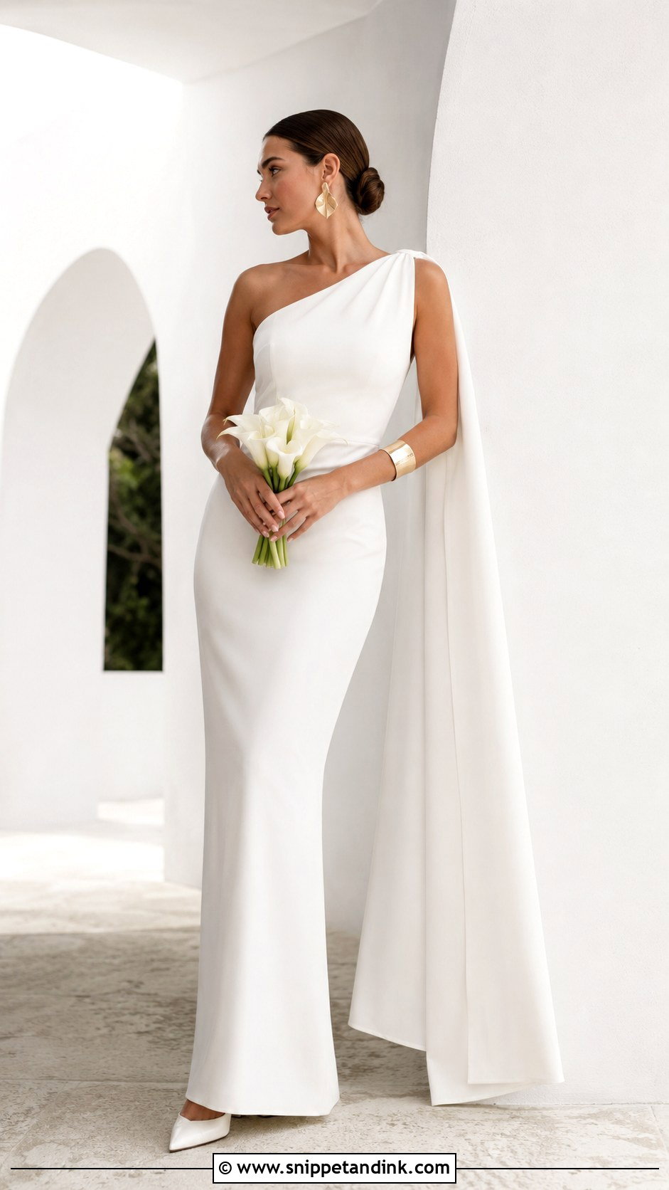 One Shoulder Wedding Dress With Statement Earrings - Snippet and Ink - 20 Very Simple Wedding Dress Ideas