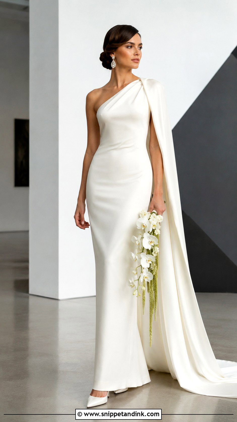 One Shoulder Wedding Gown With Asymmetric Cape - Snippet and Ink - 20 Wedding Gown with Cape Ideas