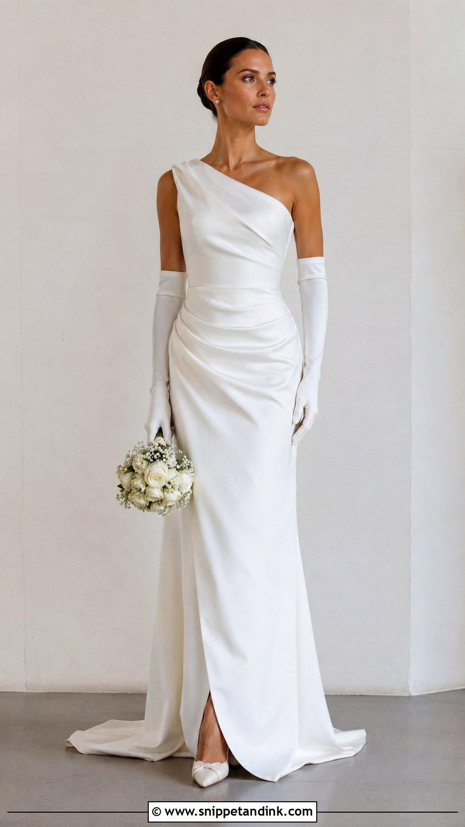 One Shoulder Wedding Gown With Gloves - Snippet and Ink - 25 Wedding Gown with Gloves Ideas