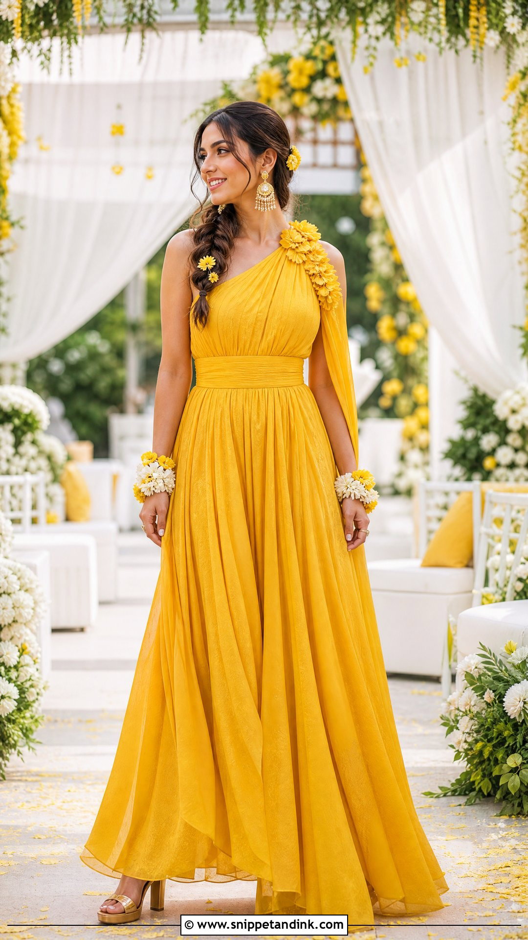 One Shoulder Yellow Maxi Dress - Snippet and Ink - 20 Western Pithi Outfit Brides Ideas