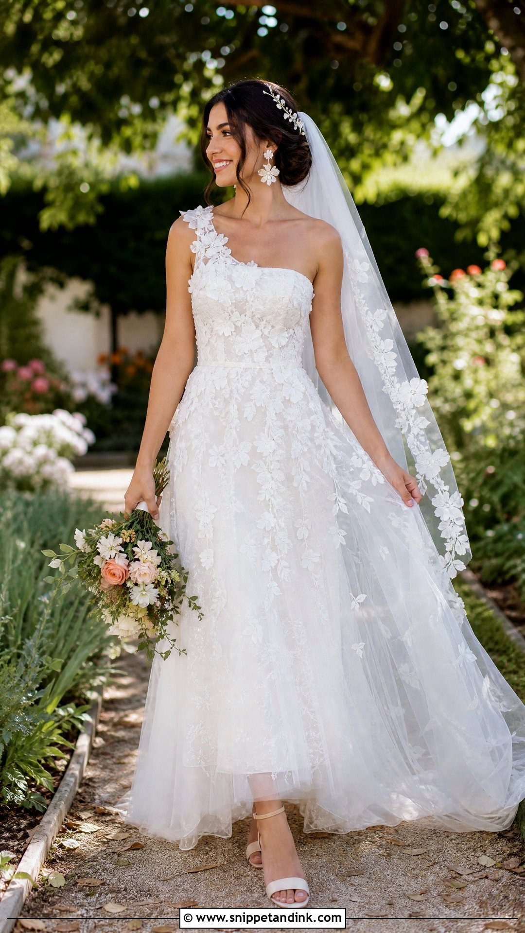 One Strap Floral Applique Wedding Dress - Snippet and Ink - 20 One Strap Wedding Dress Ideas
