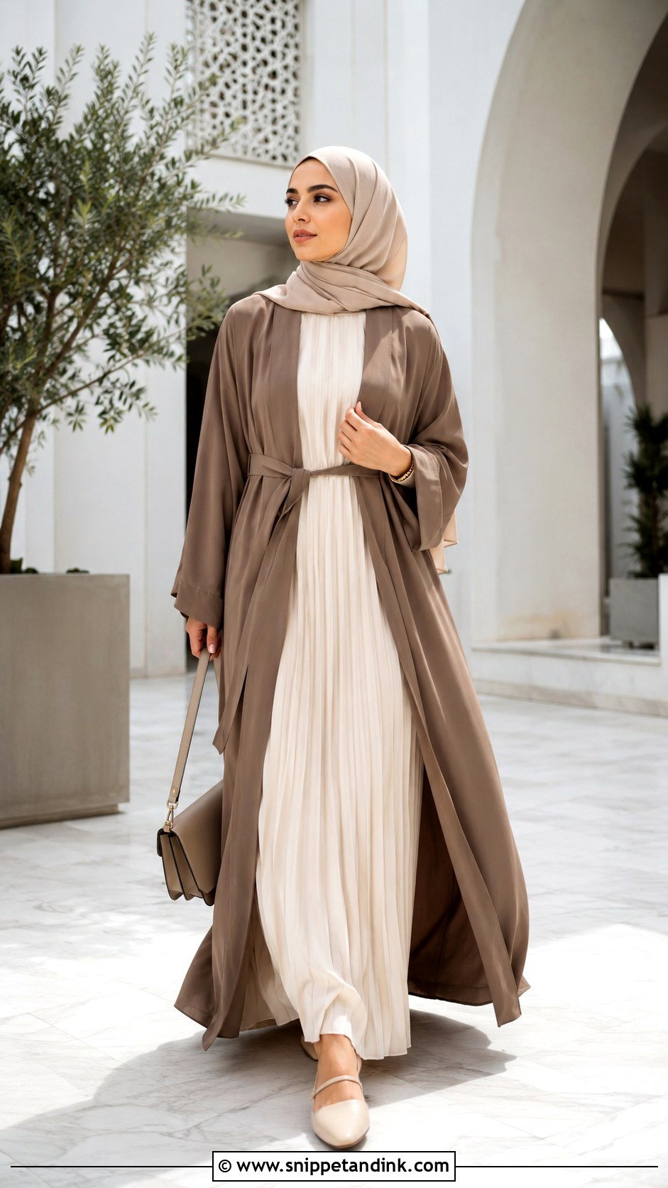 Open Abaya With Pleated Maxi Dress - Snippet and Ink - 20 Ied Mubarak Outfit Hijab Ideas