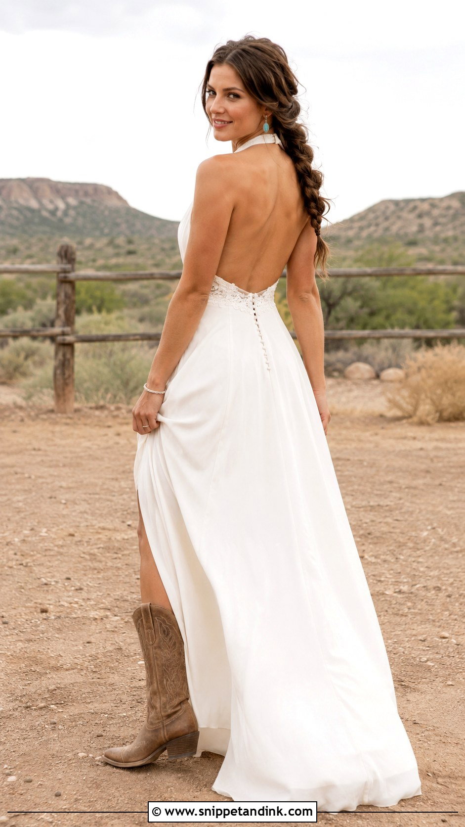 Open Back Country Wedding Gown With Turquoise Jewelry - Snippet and Ink - 20 Country Wedding Gowns